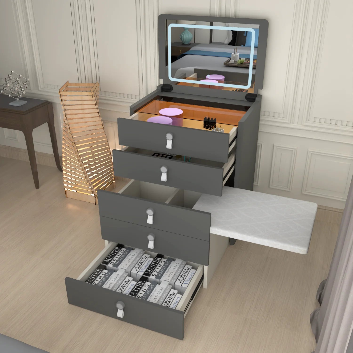 URBAN FURNISHING MULTI FUNCTIONAL DRESSING TABLE & Chester Drawer WITH LED MIRROR (Black)