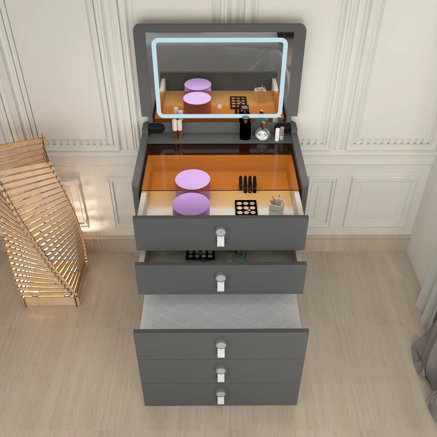 URBAN FURNISHING MULTI FUNCTIONAL DRESSING TABLE & Chester Drawer WITH LED MIRROR (Black)