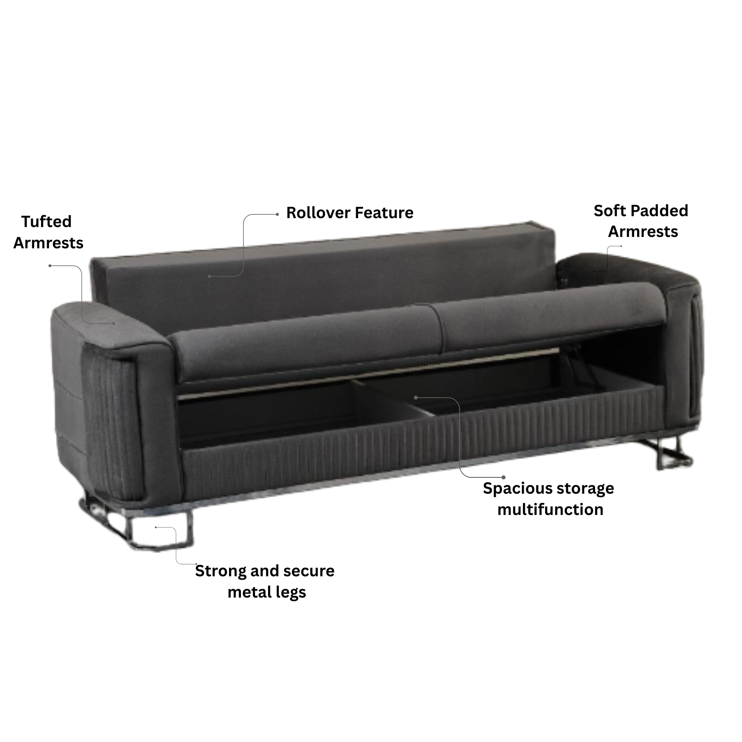 URBAN FURNISHING Modern Velvet Sofa Couch with Rollover Bed & Under Seat Storage with Chrome Metal Legs– Contemporary Sofa Bed For Living Room