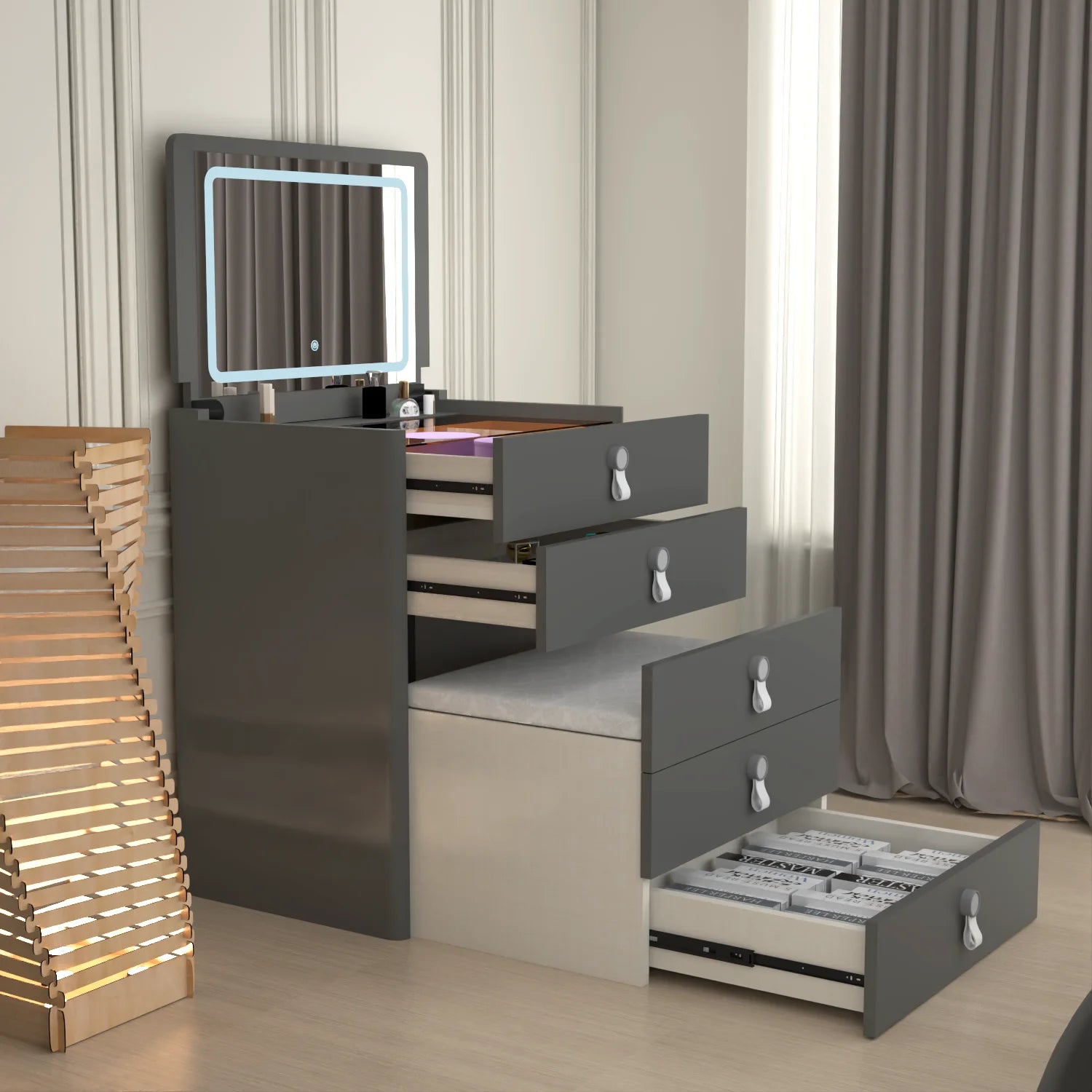 URBAN FURNISHING MULTI FUNCTIONAL DRESSING TABLE & Chester Drawer WITH LED MIRROR (Black)