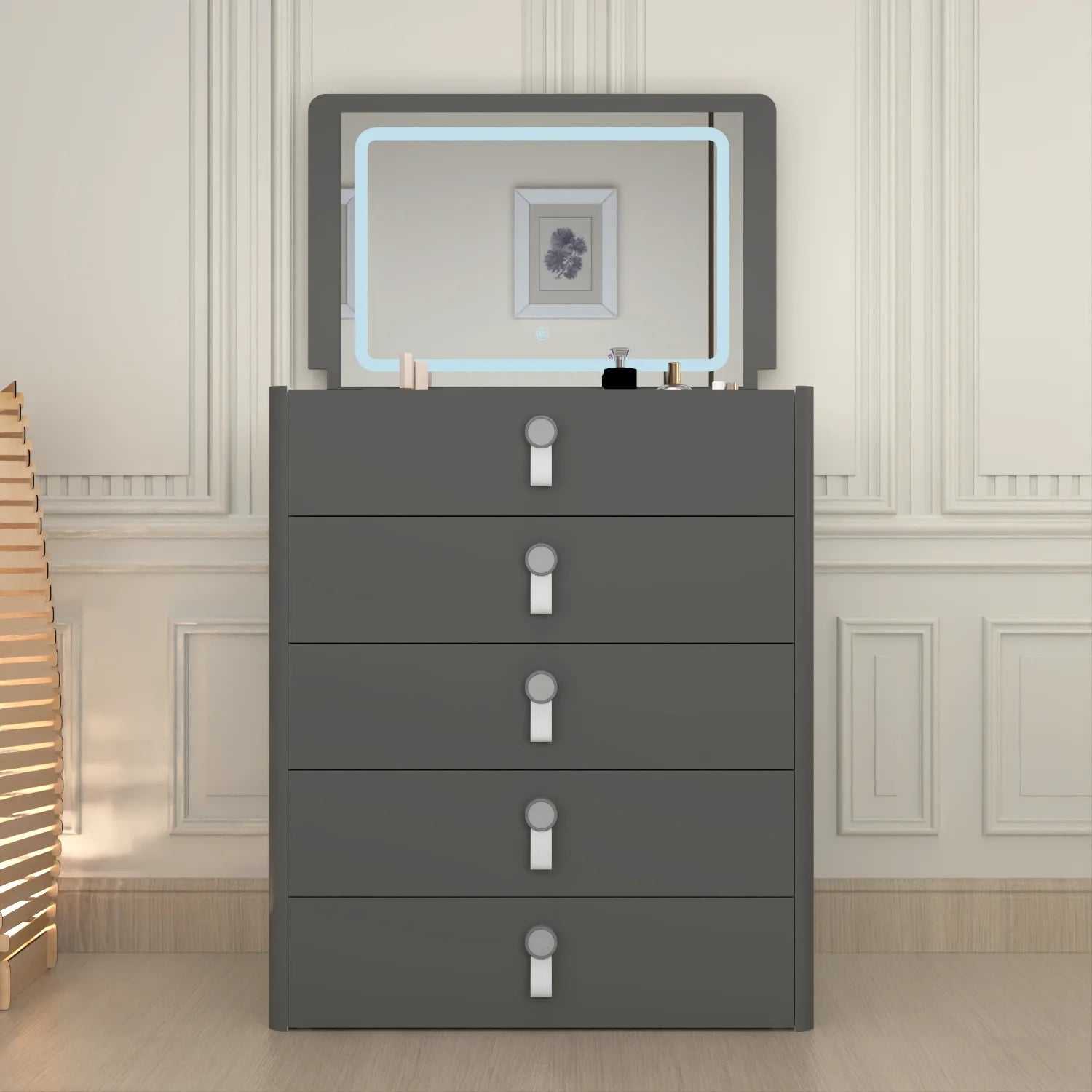 URBAN FURNISHING MULTI FUNCTIONAL DRESSING TABLE & Chester Drawer WITH LED MIRROR (Black)
