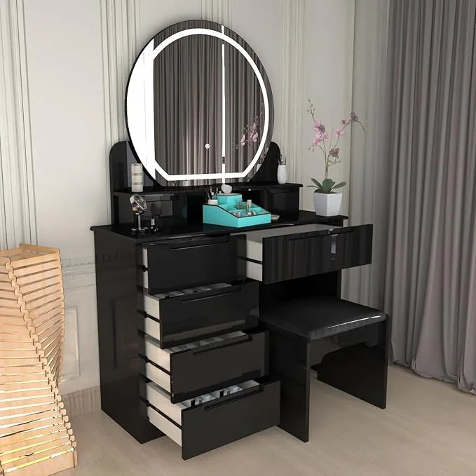 Glossique High Gloss Dressing Table with LED Mirror & Stool
