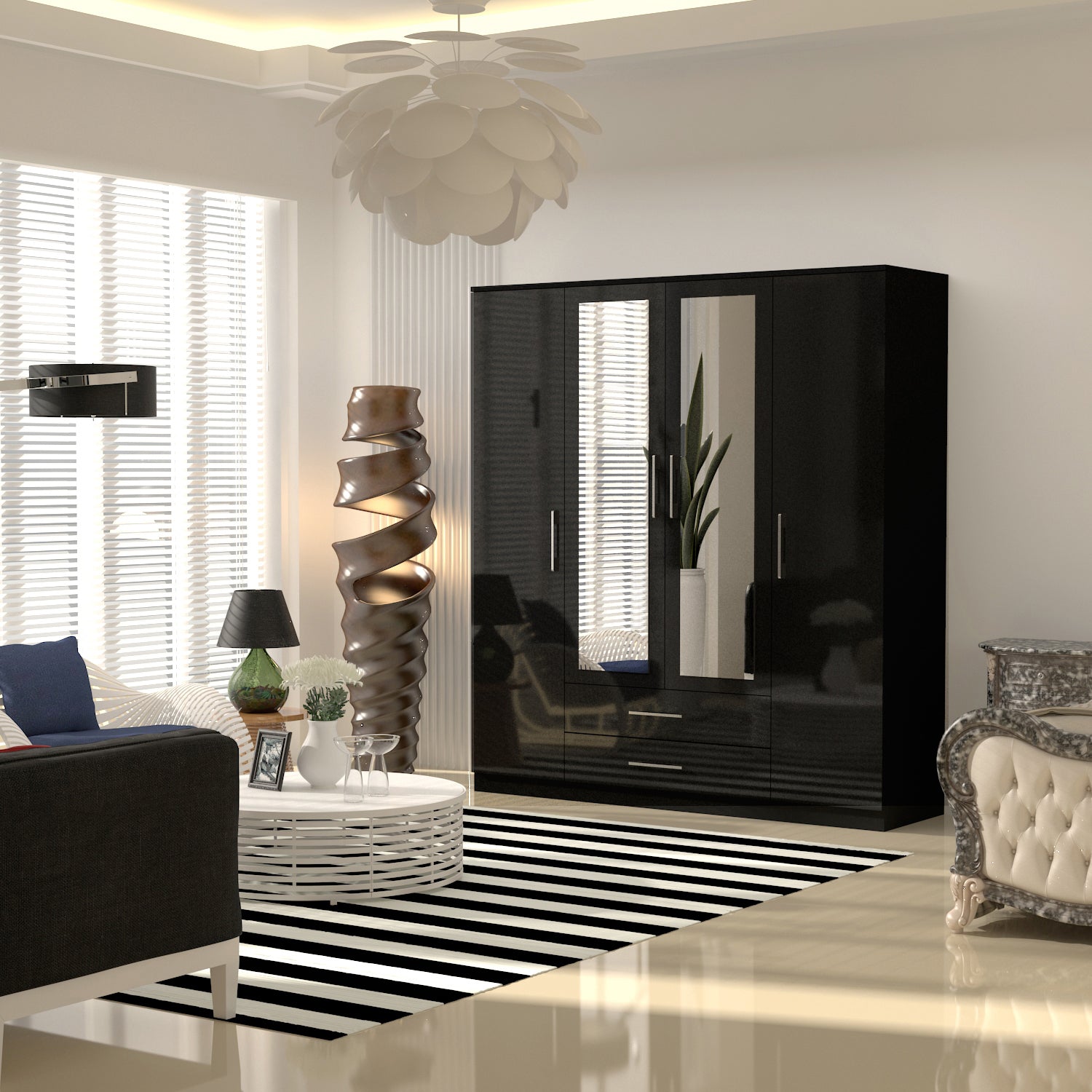 URBAN FURNISHING Modern 4-Door Wardrobe with Mirror &  2 Bottom Drawers 180CM
