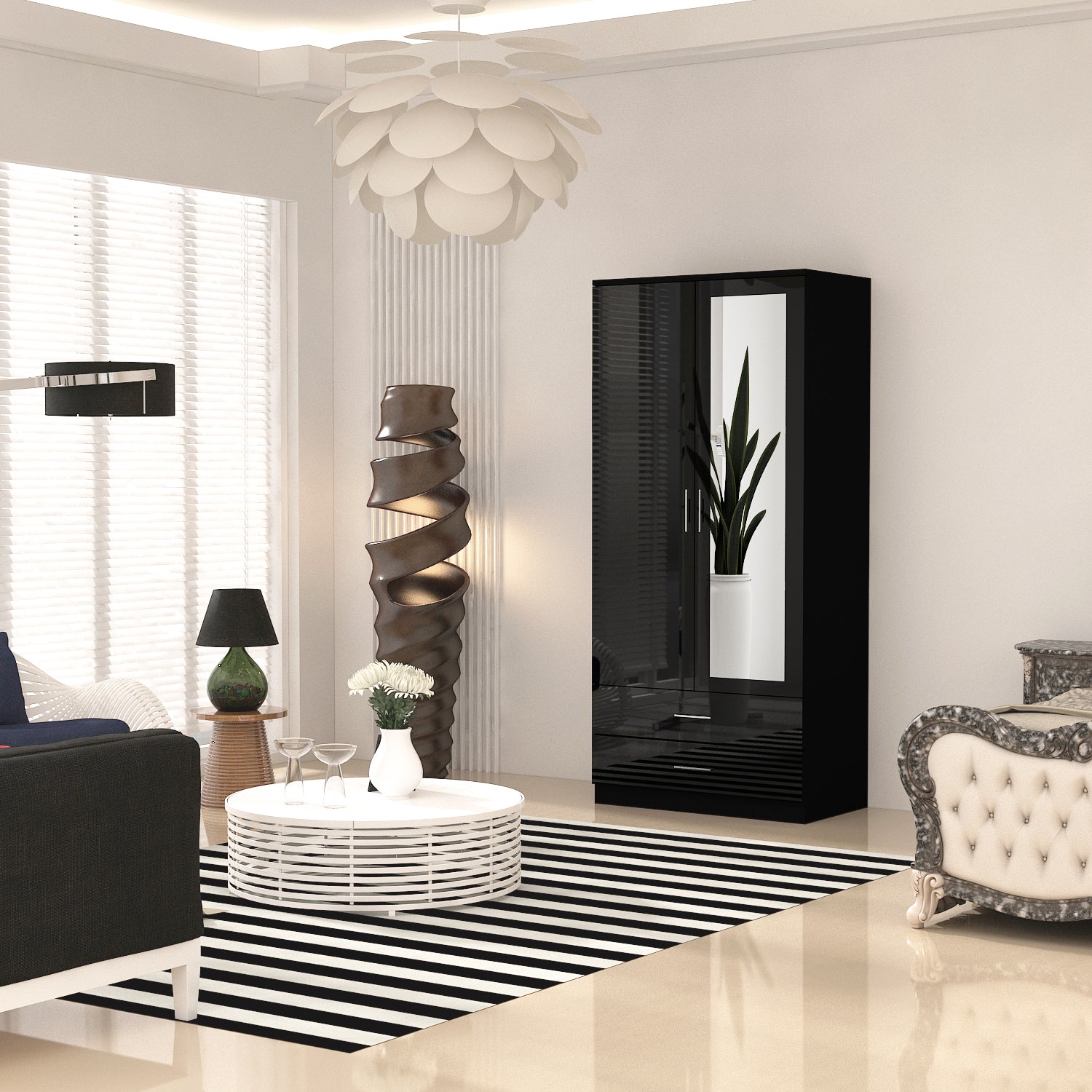 URBAN FURNISHING Modern 2-Door Wardrobe with Mirror & 2 Drawers