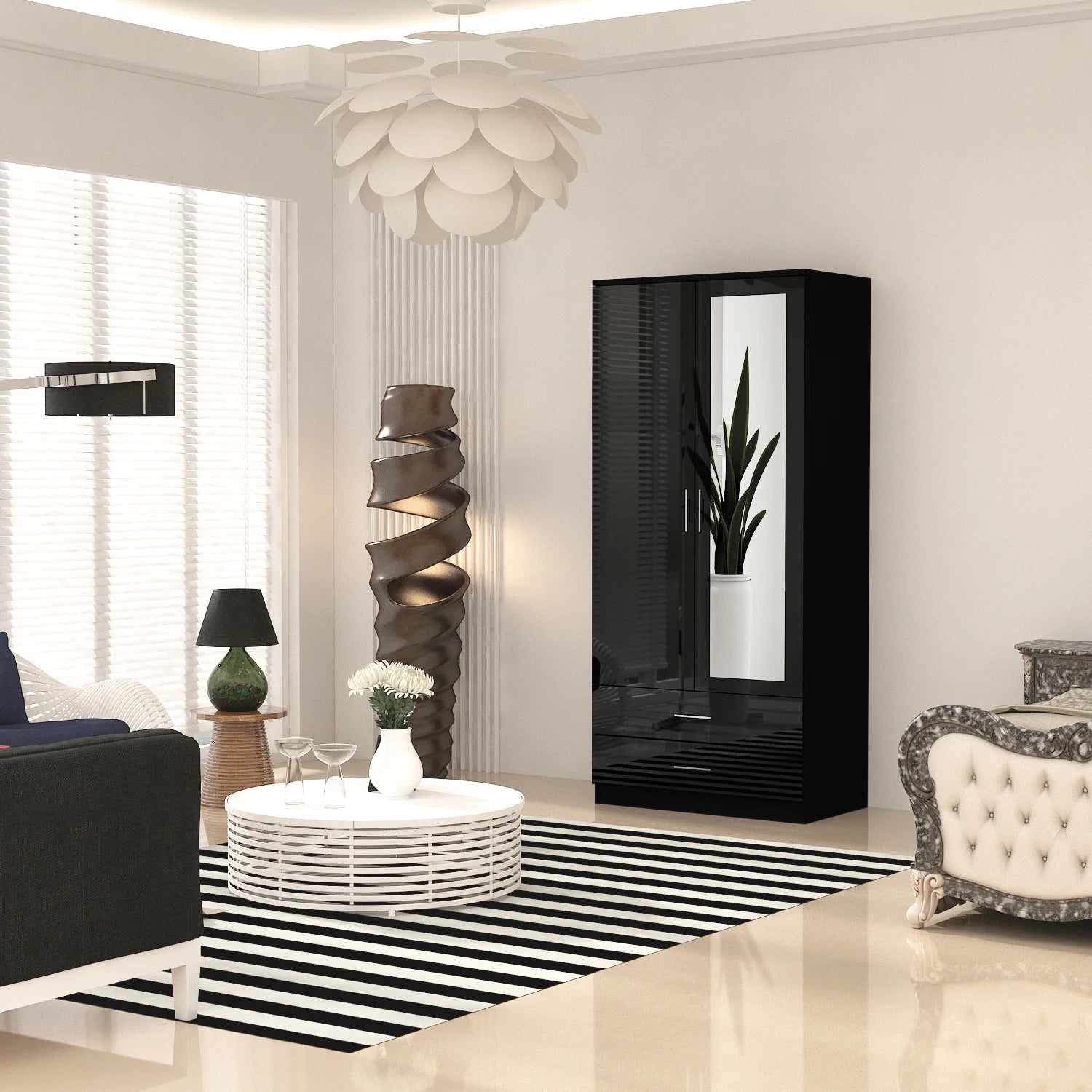 Mirror 2 Doors High Gloss Wardrobe