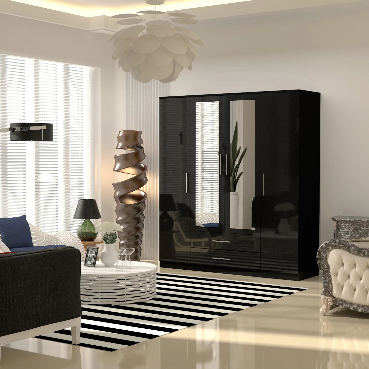 4 Doors with Drawers High Gloss Wardrobe