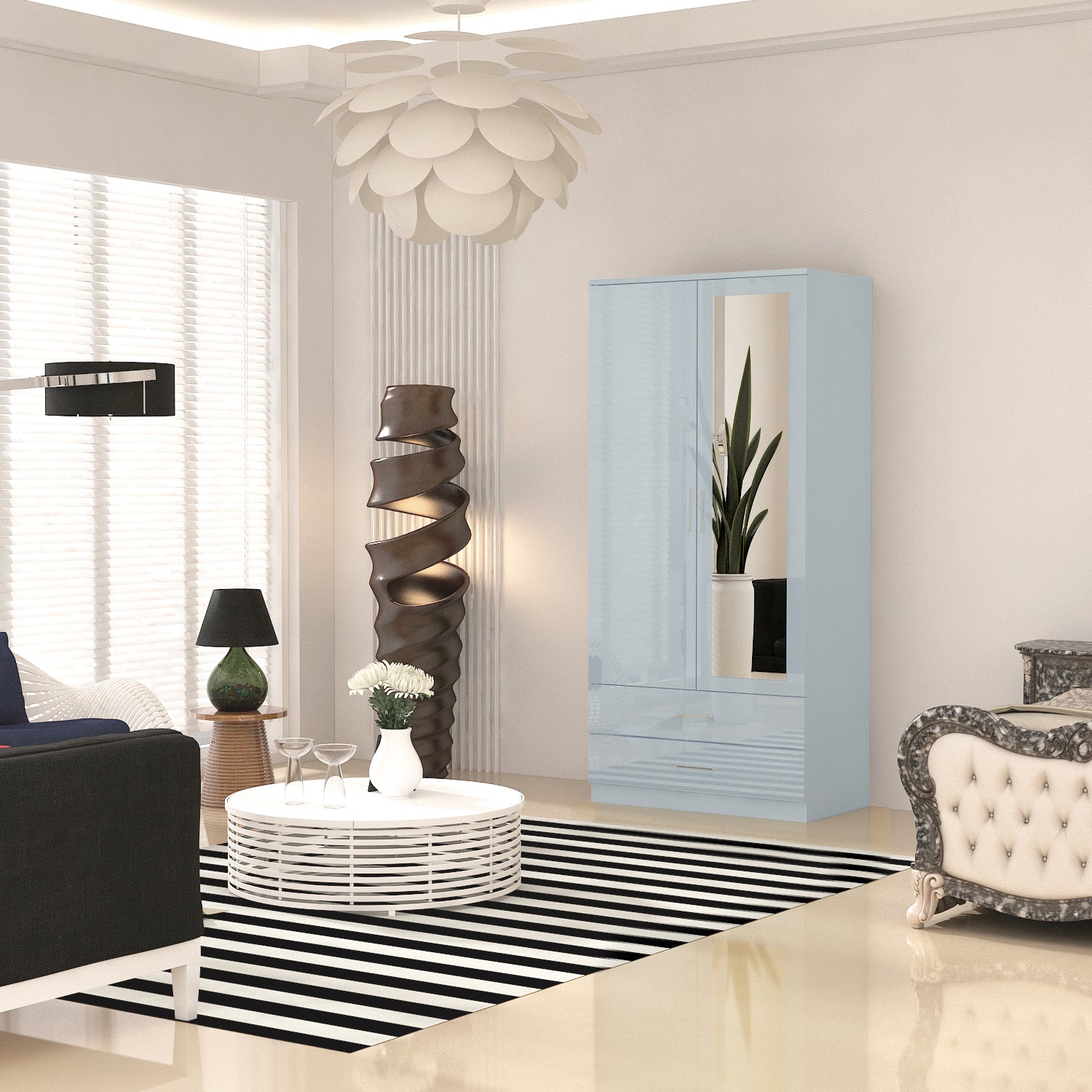 URBAN FURNISHING Modern 2-Door Wardrobe with Mirror & 2 Drawers