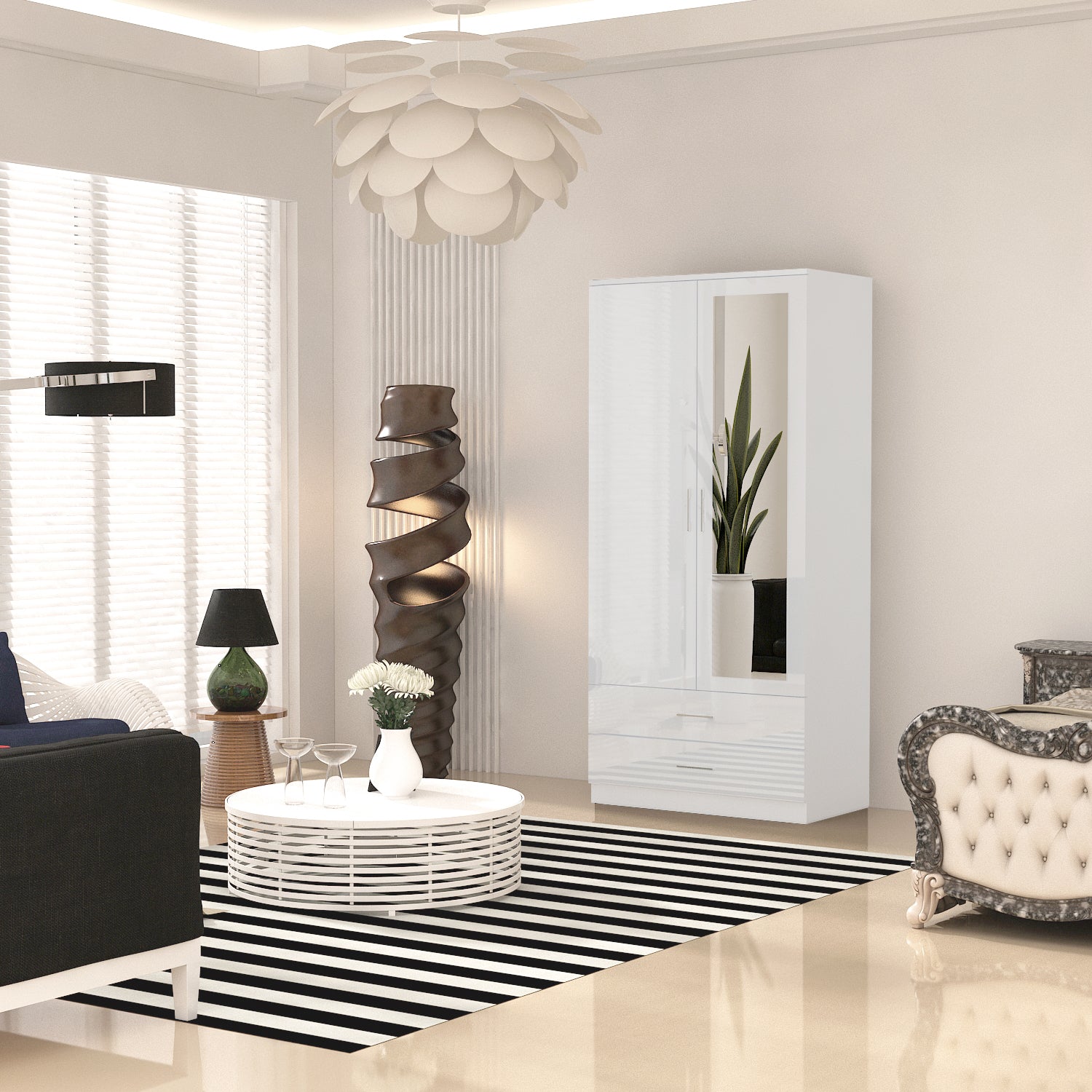URBAN FURNISHING Modern 2-Door Wardrobe with Mirror & 2 Drawers