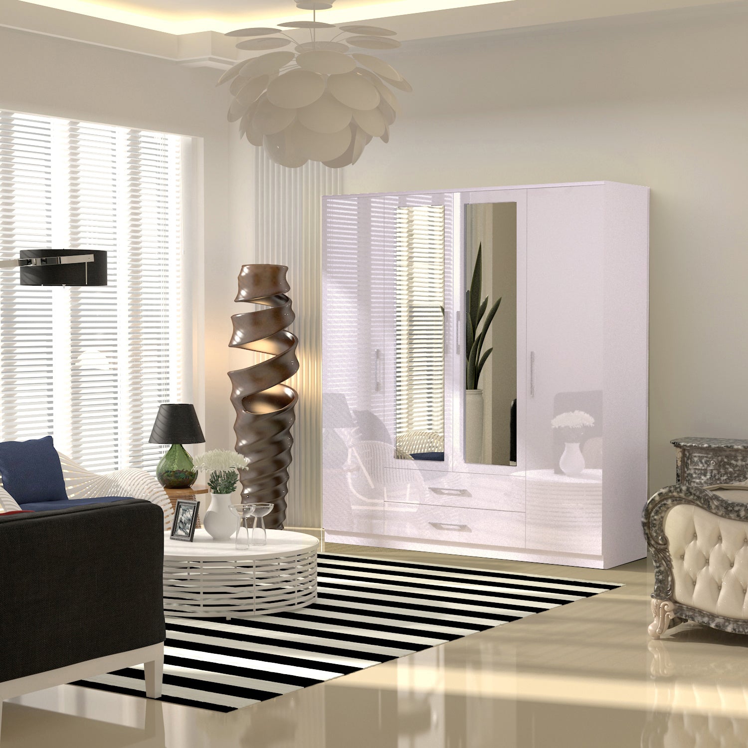 URBAN FURNISHING Modern 4-Door Wardrobe with Mirror &  2 Bottom Drawers 180CM