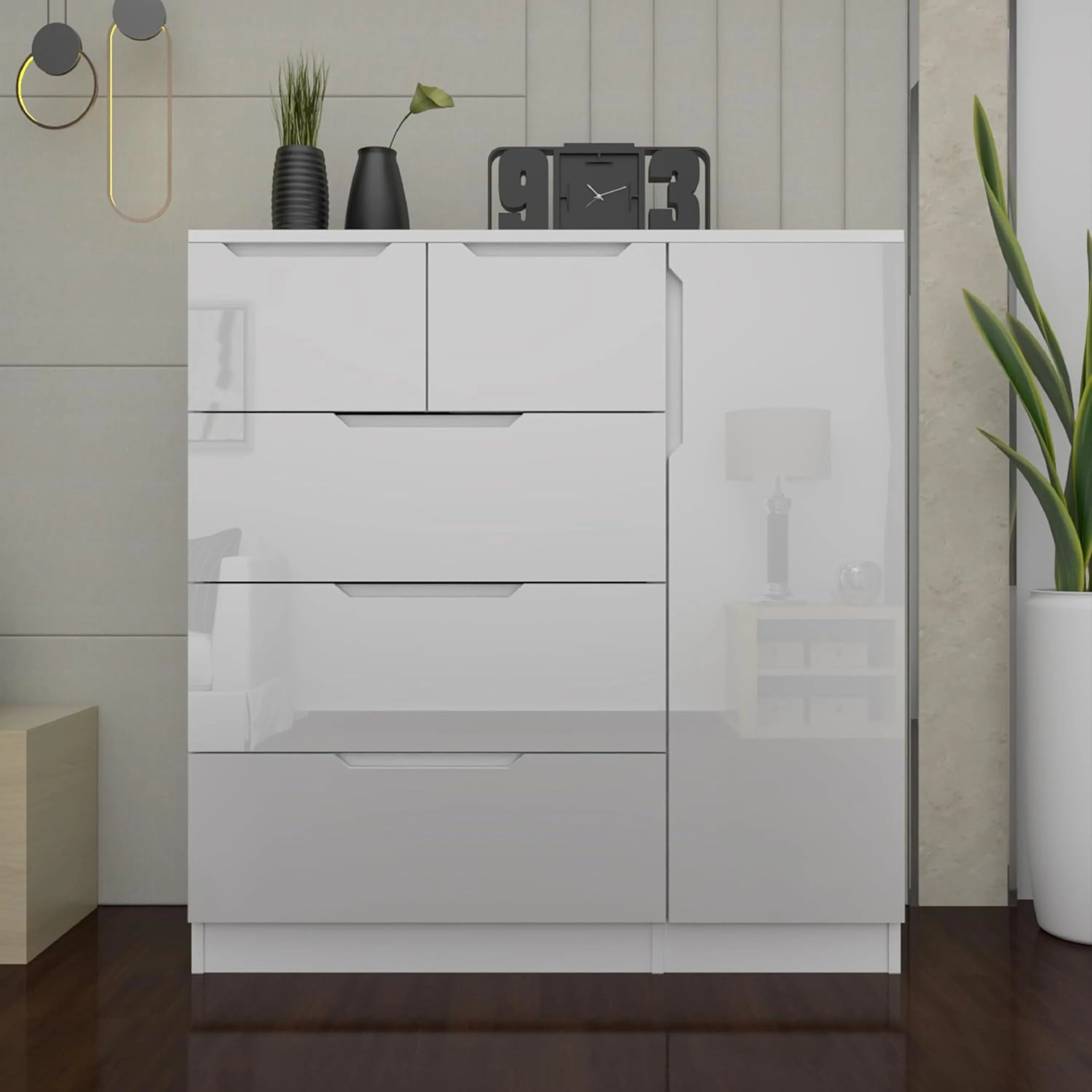 URBAN FURNISHING Modern High Gloss 5 Drawer Dresser with Side Hanging Cabinet