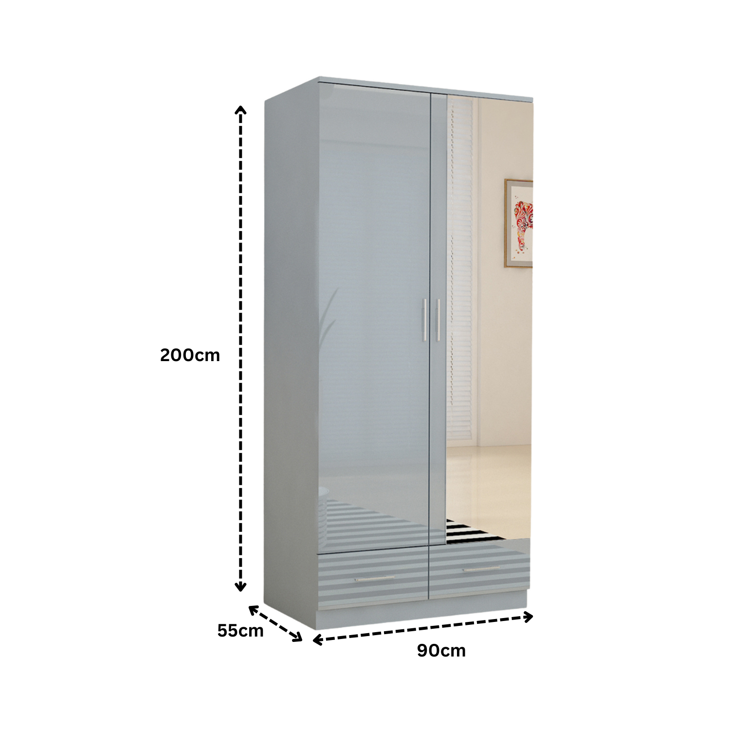 URBAN FURNISHING High Gloss 2 Door Wardrobe for Bedroom