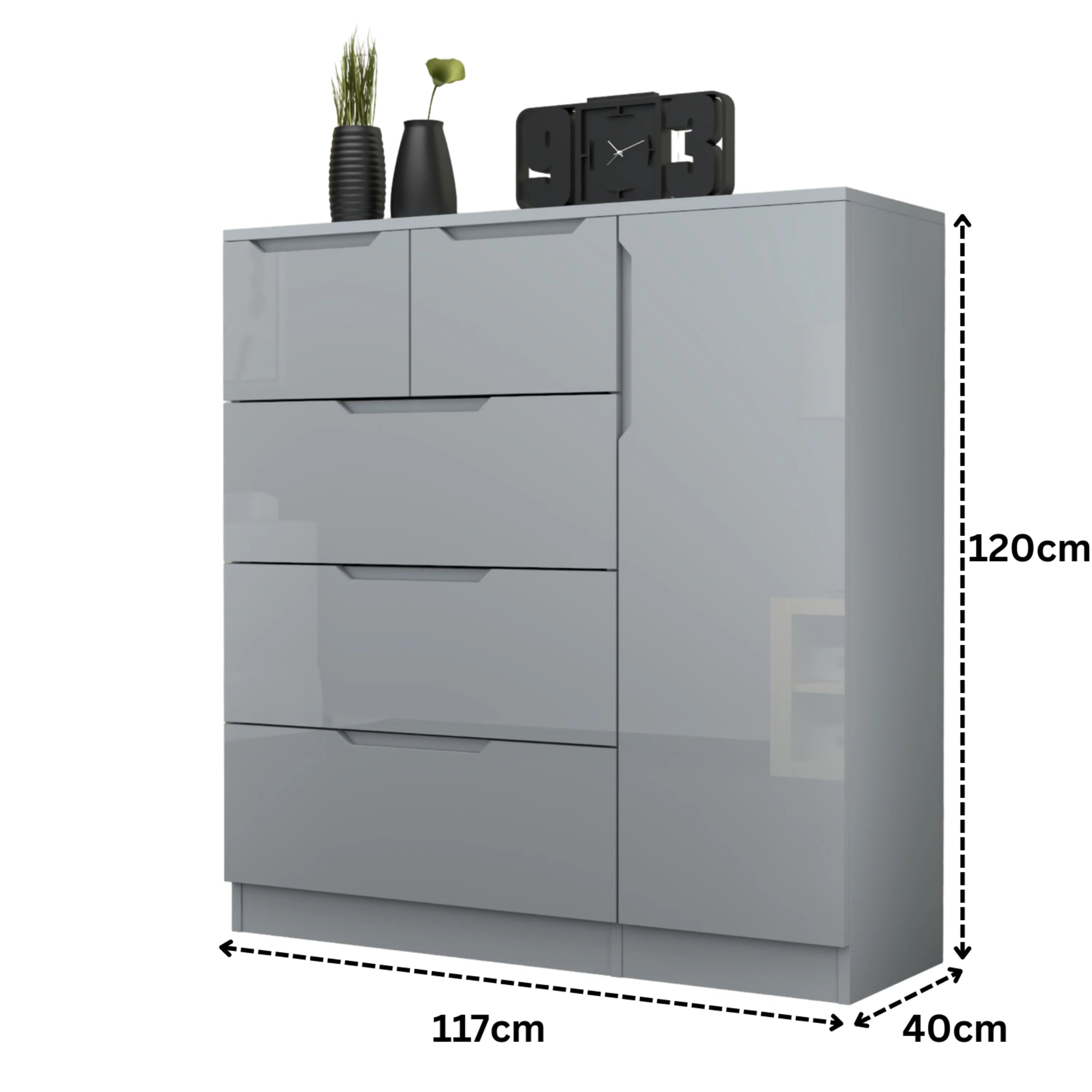 URBAN FURNISHING Modern High Gloss 5 Drawer Dresser with Side Hanging Cabinet