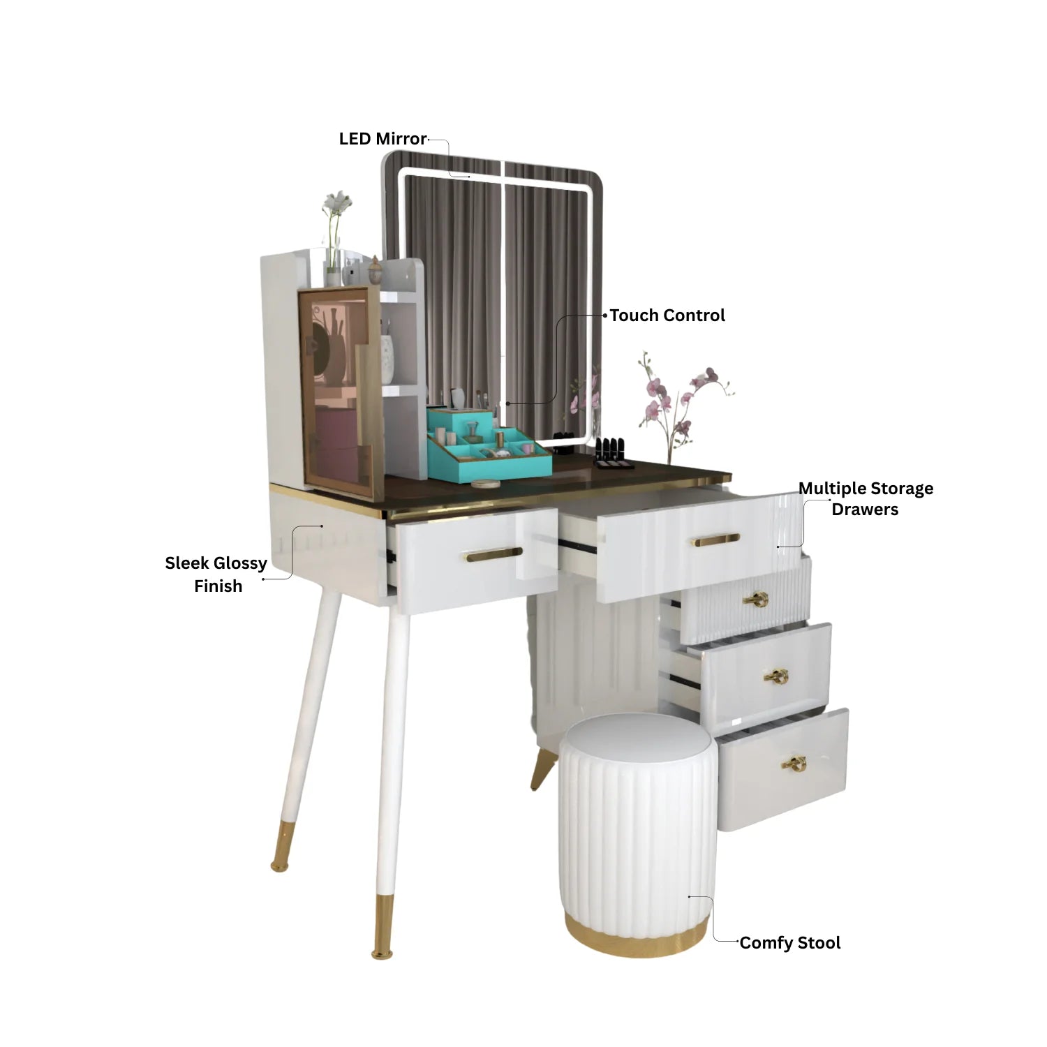 Urban Furnishing Modern Vanity Table with LED Lighted Mirror –  Wide Makeup Desk with Storage Cabinet