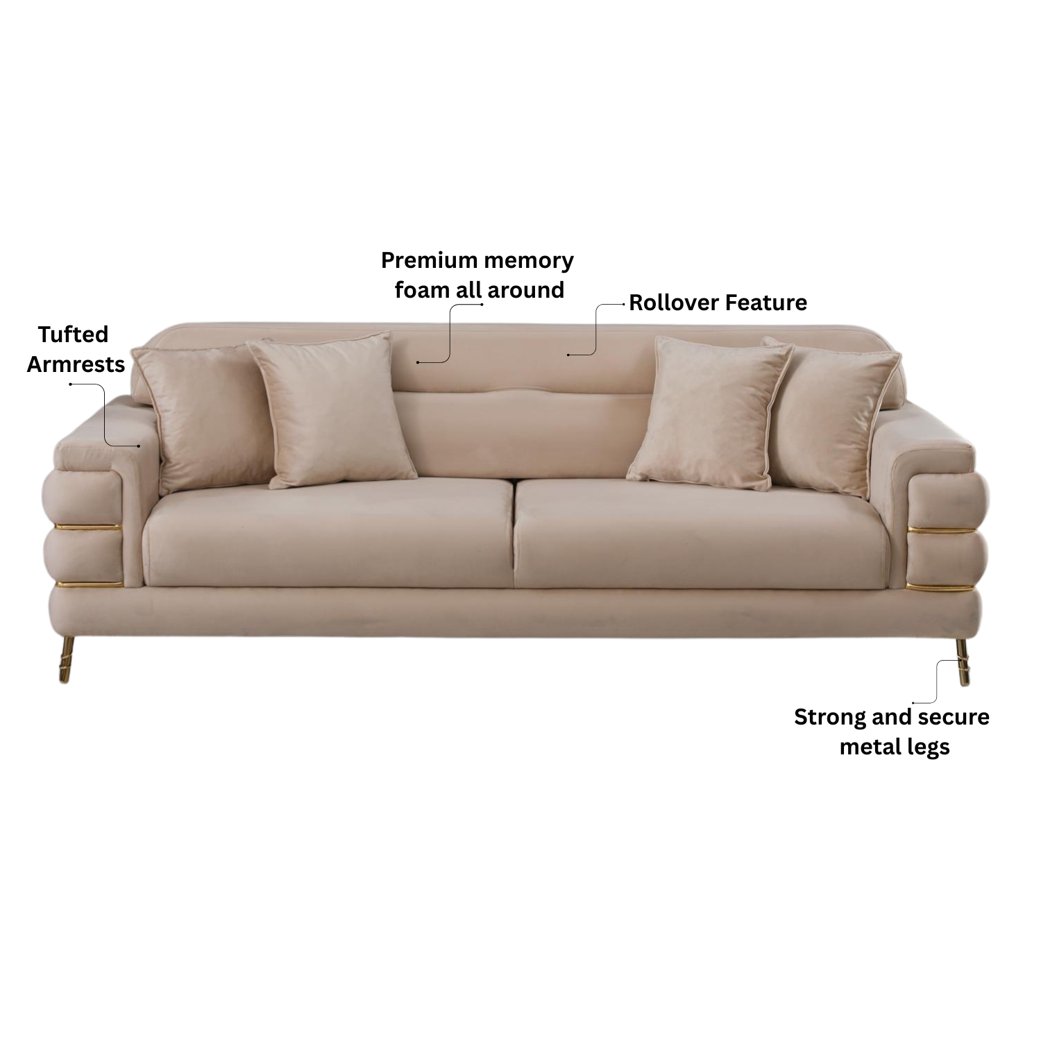 URBAN FURNISHING Modern Velvet Sofa Couch with Rollover Bed with Chrome Metal Legs & Chrome Finishing – Contemporary Sofa Bed For Living Room