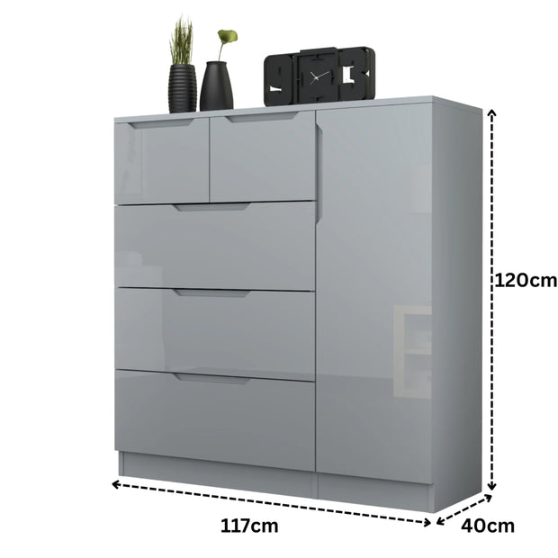 URBAN FURNISHING Modern High Gloss 5 Drawer Dresser with Side Hanging Cabinet