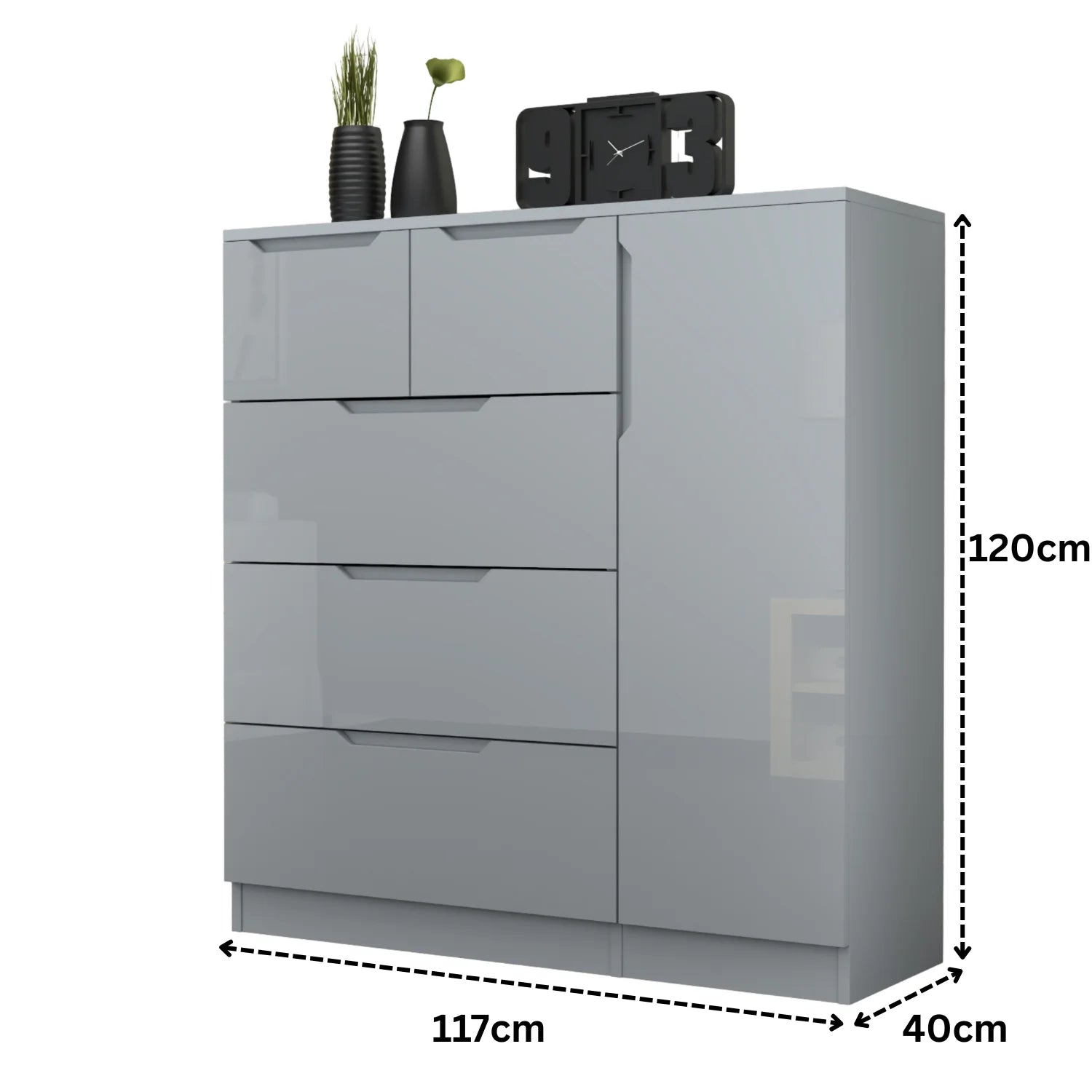 Modern High Gloss 5 Drawer Dresser with Side Hanging Cabinet