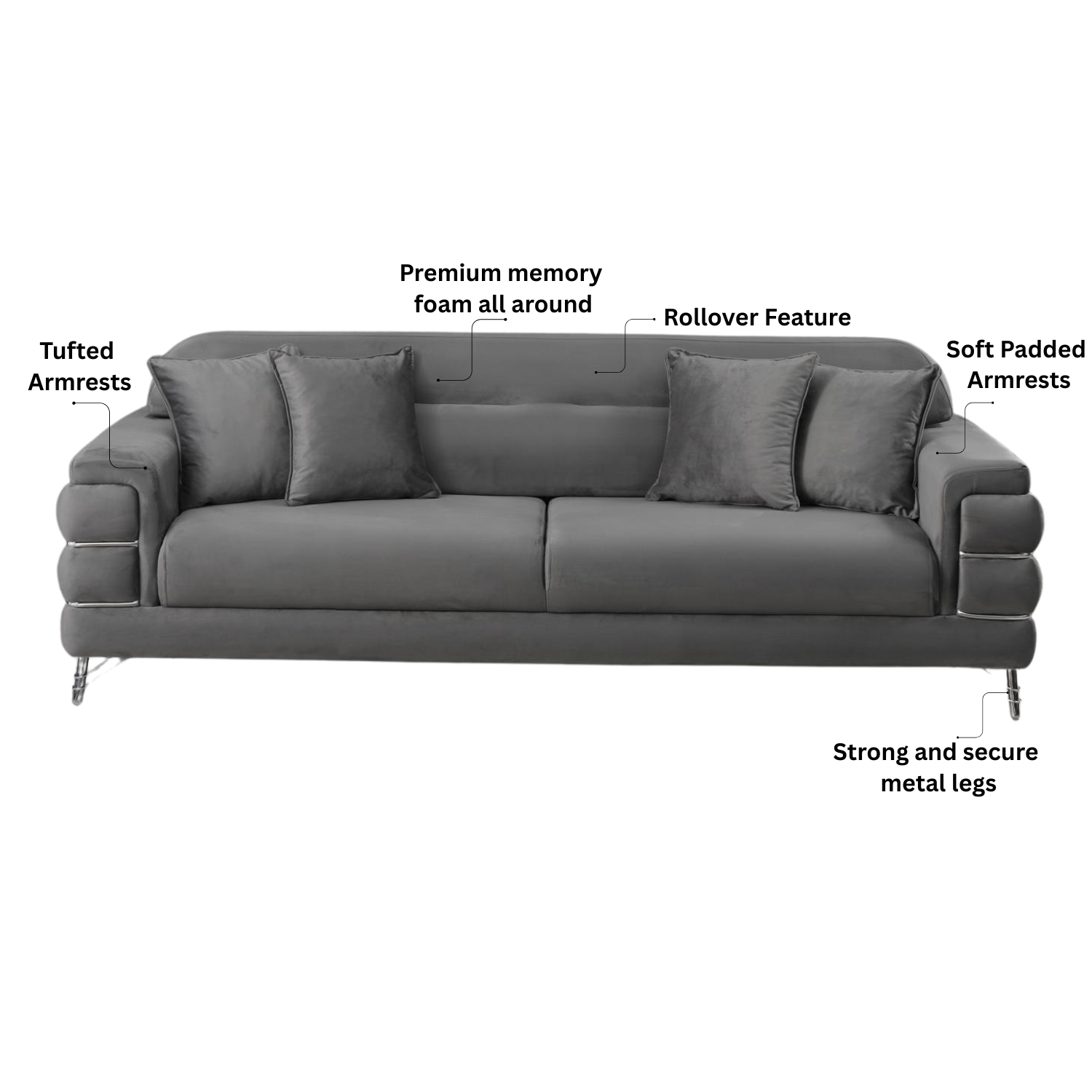 URBAN FURNISHING Modern Velvet Sofa Couch with Rollover Bed with Chrome Metal Legs & Chrome Finishing – Contemporary Sofa Bed For Living Room