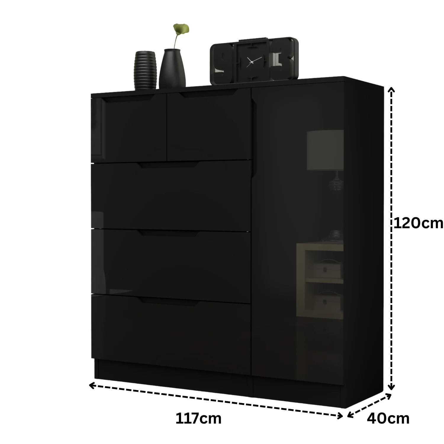 Modern High Gloss 5 Drawer Dresser with Side Hanging Cabinet