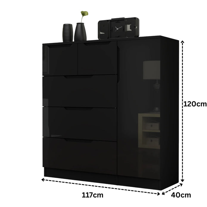 Modern High Gloss 5 Drawer Dresser with Side Hanging Cabinet