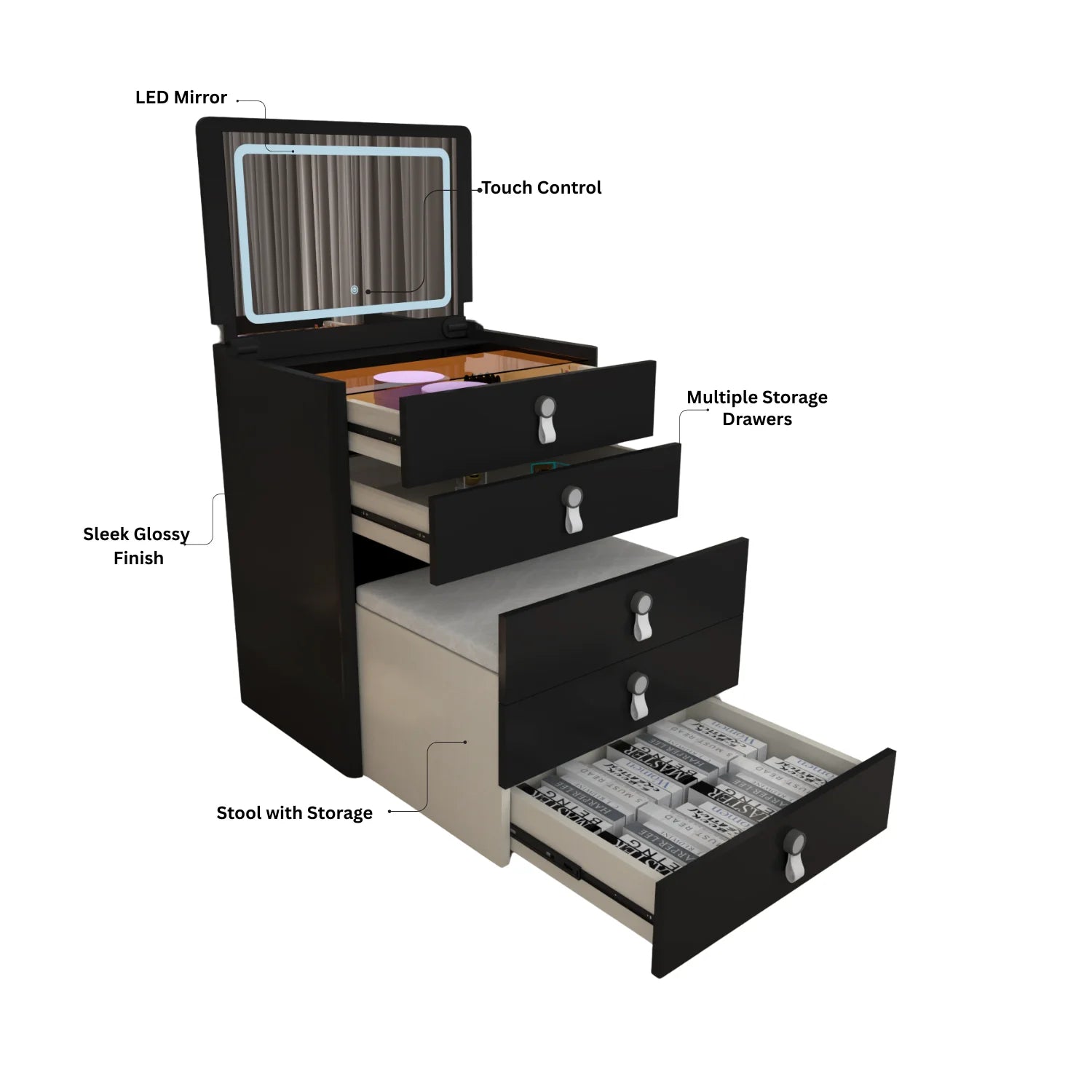 URBAN FURNISHING MULTI FUNCTIONAL DRESSING TABLE & Chester Drawer WITH LED MIRROR (Black)