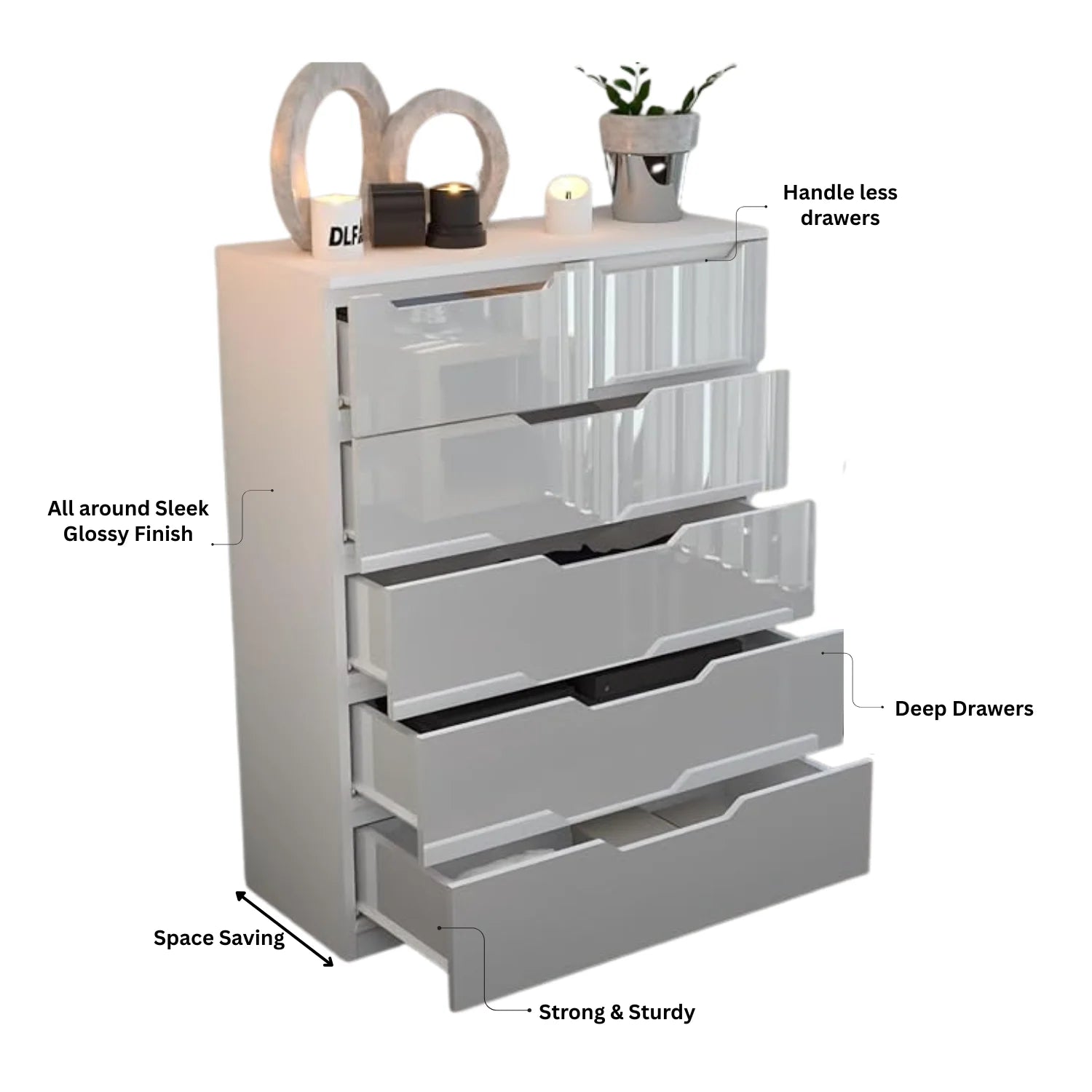 Urban Furnishing Modern 4+2 Deep Drawer-High Gloss White Dresser 140H