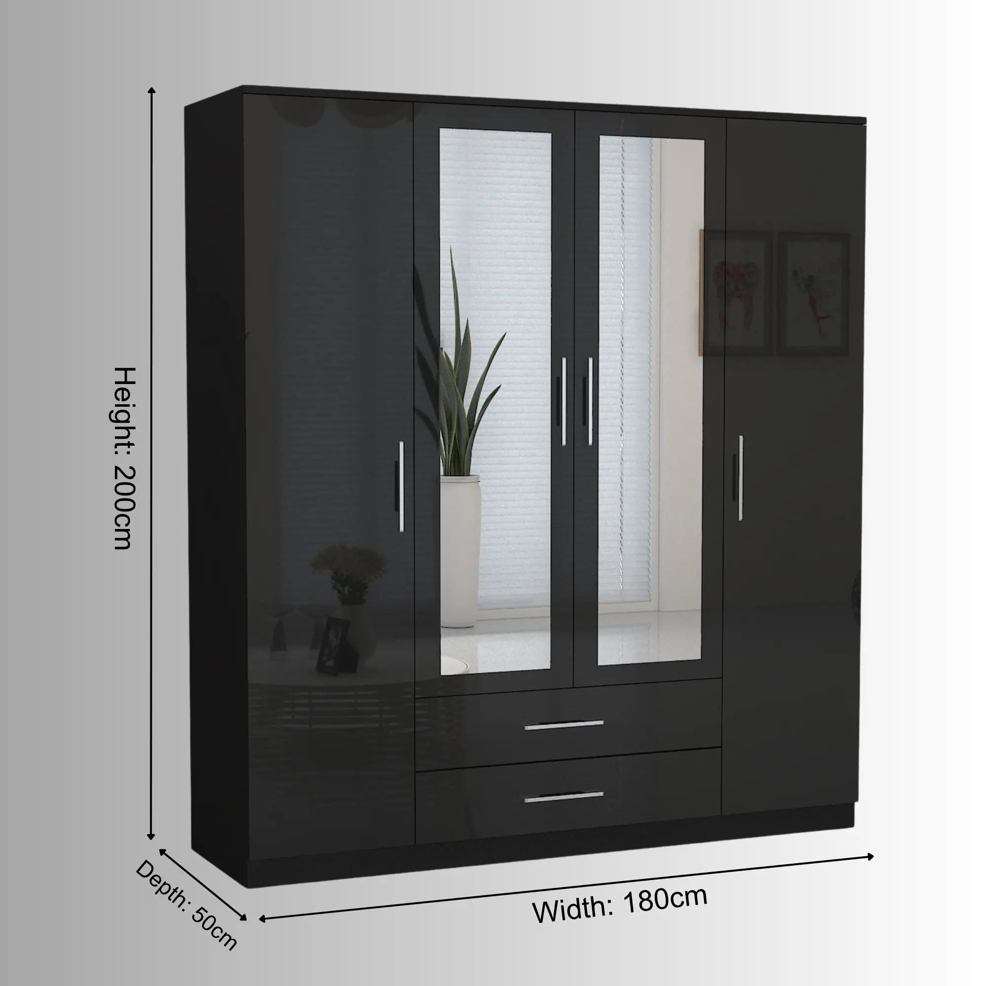 Verona 4 Doors Wardrobe | COLOR: Black | SIZE: 160cm , 180cm