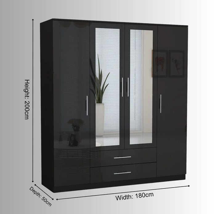 Verona 4 Doors Wardrobe | COLOR: Black | SIZE: 160cm , 180cm