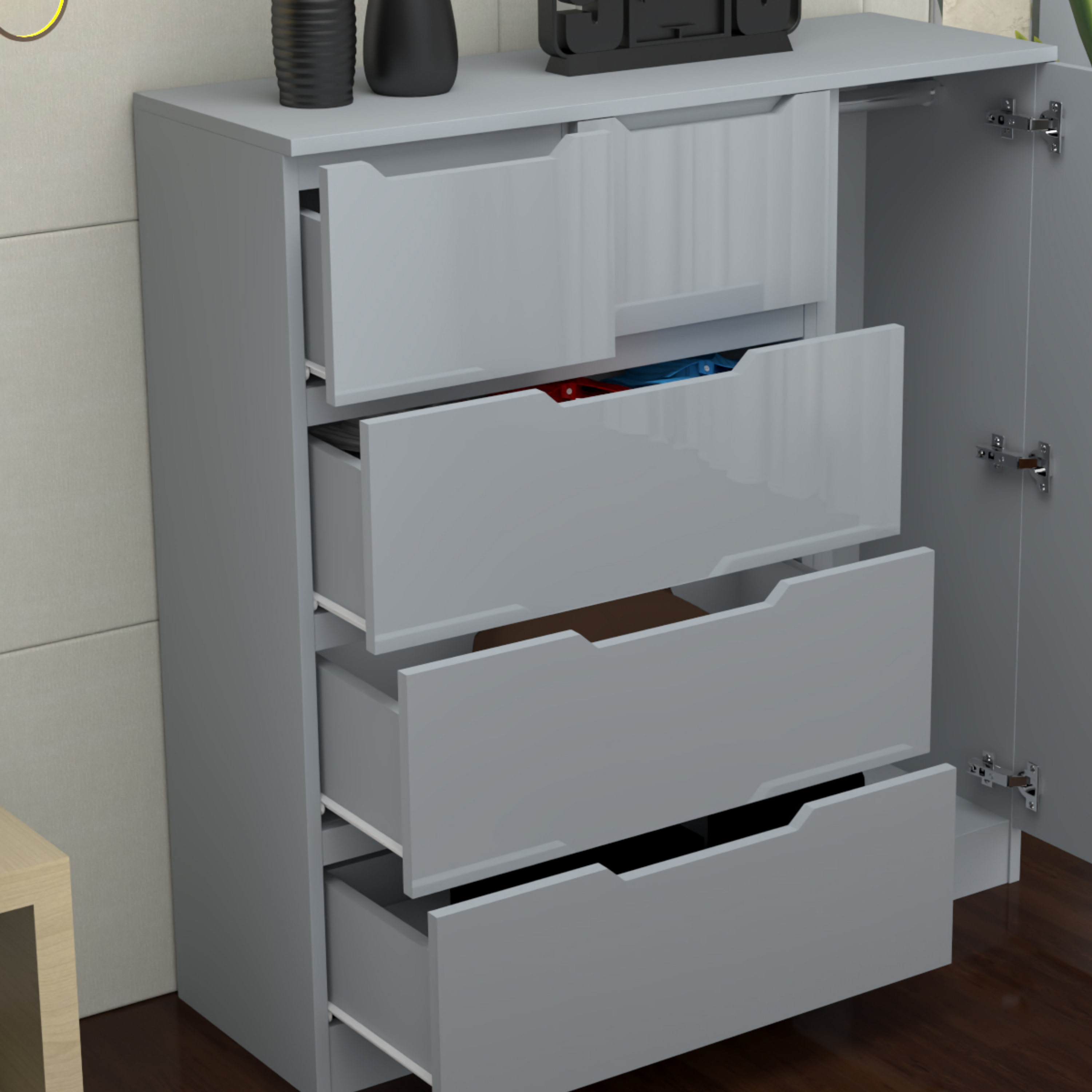URBAN FURNISHING Modern High Gloss 5 Drawer Dresser with Side Hanging Cabinet