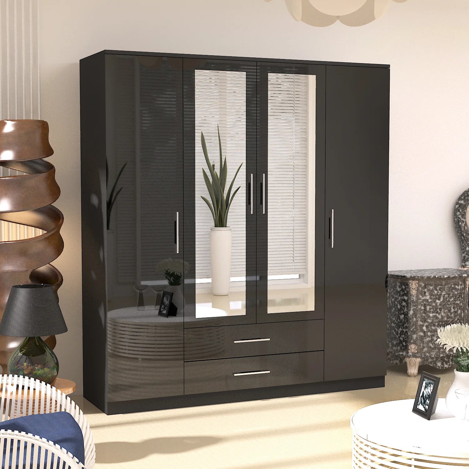 4 Doors with Drawers High Gloss Wardrobe