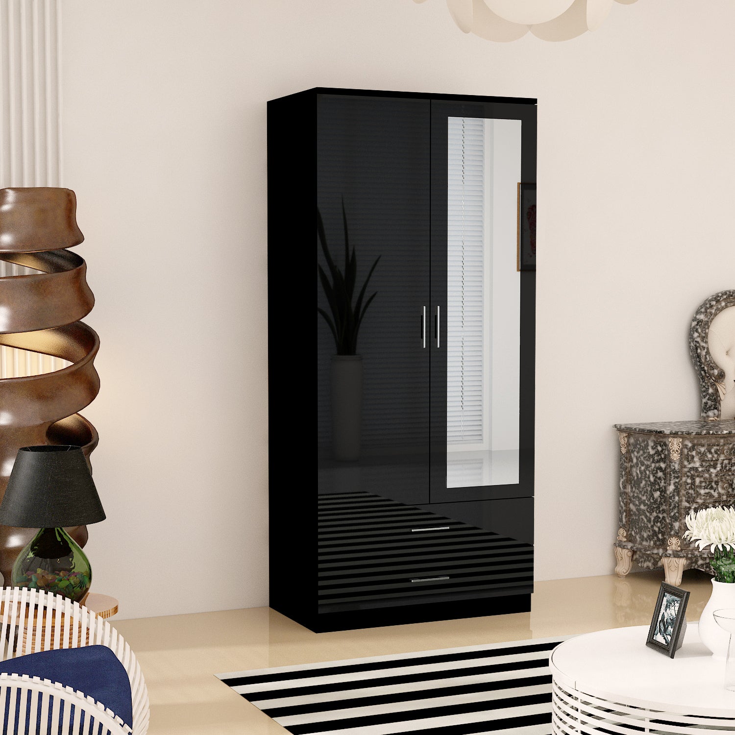 URBAN FURNISHING Modern 2-Door Wardrobe with Mirror & 2 Drawers