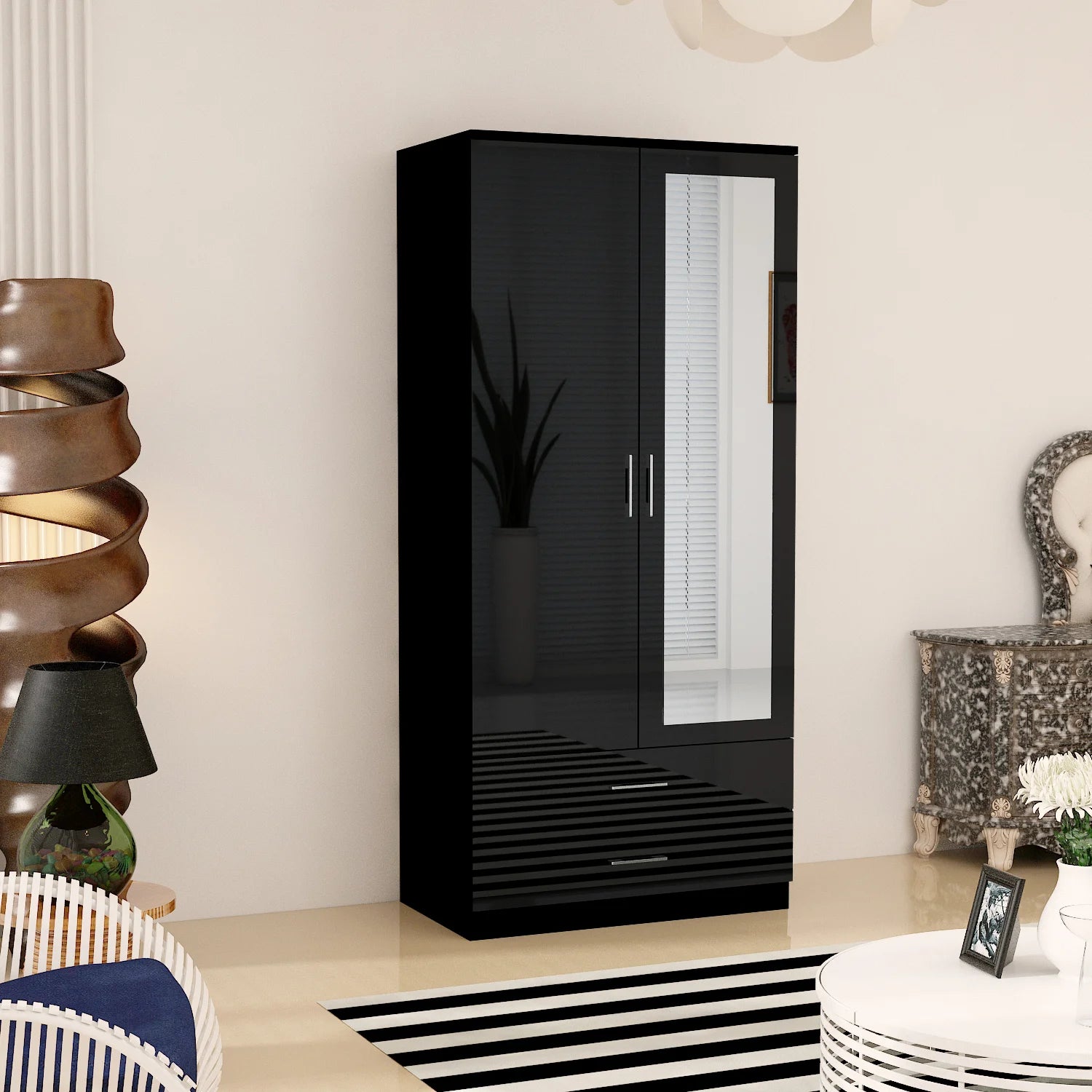 Mirror 2 Doors High Gloss Wardrobe