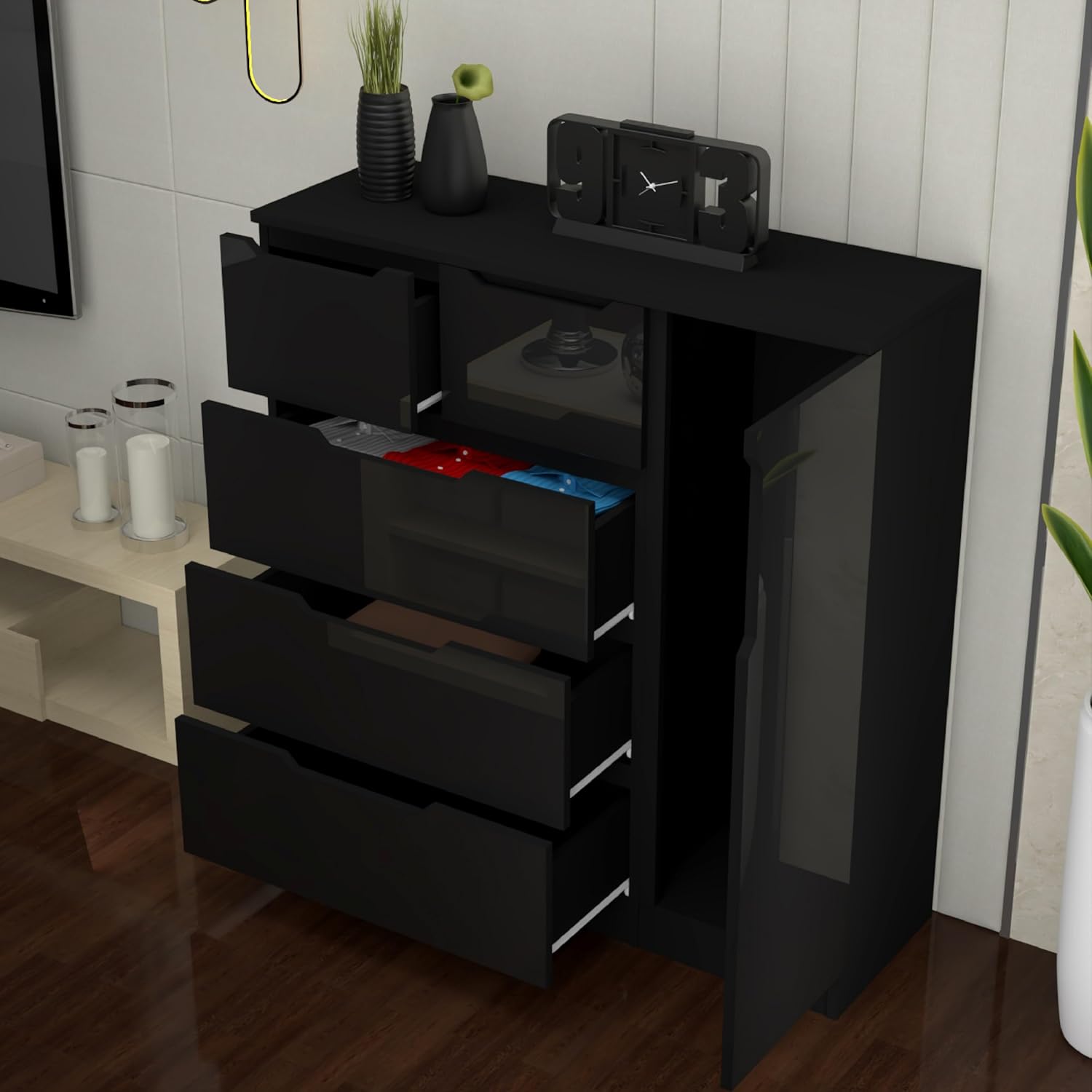 URBAN FURNISHING Modern High Gloss 5 Drawer Dresser with Side Hanging Cabinet