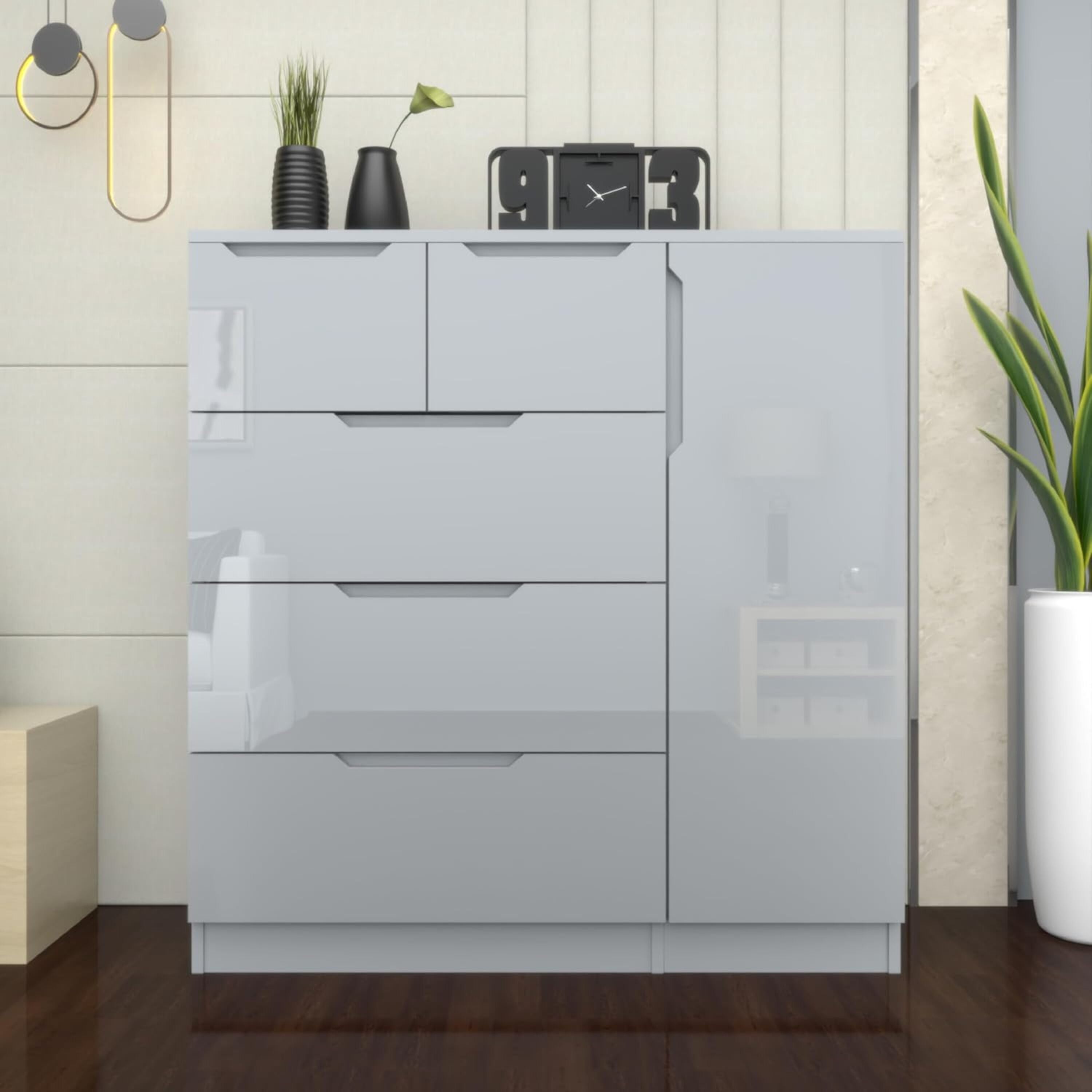 URBAN FURNISHING Modern High Gloss 5 Drawer Dresser with Side Hanging Cabinet