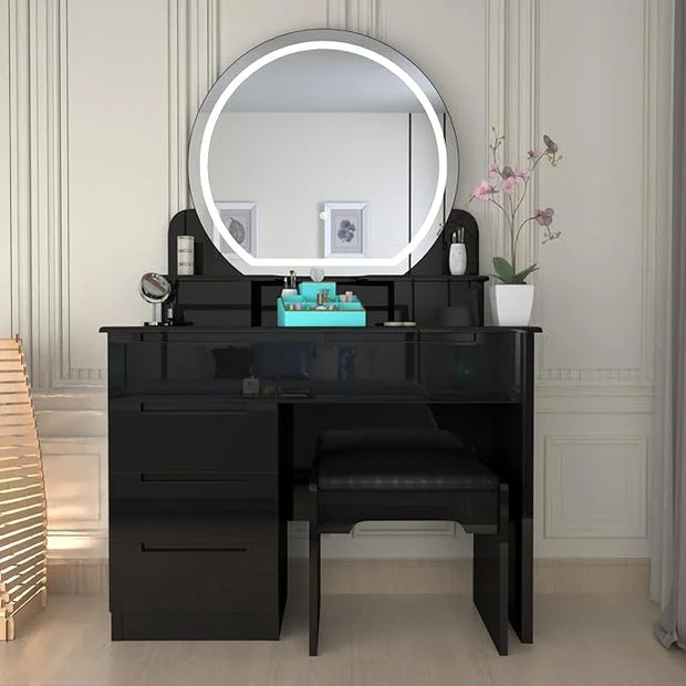 Glossique High Gloss Dressing Table with LED Mirror & Stool