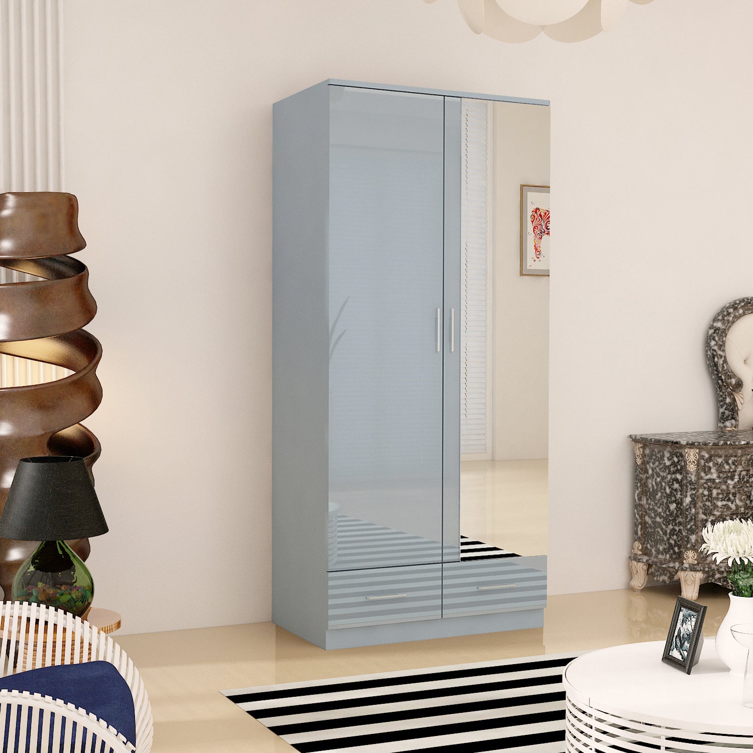 URBAN FURNISHING High Gloss 2 Door Wardrobe for Bedroom