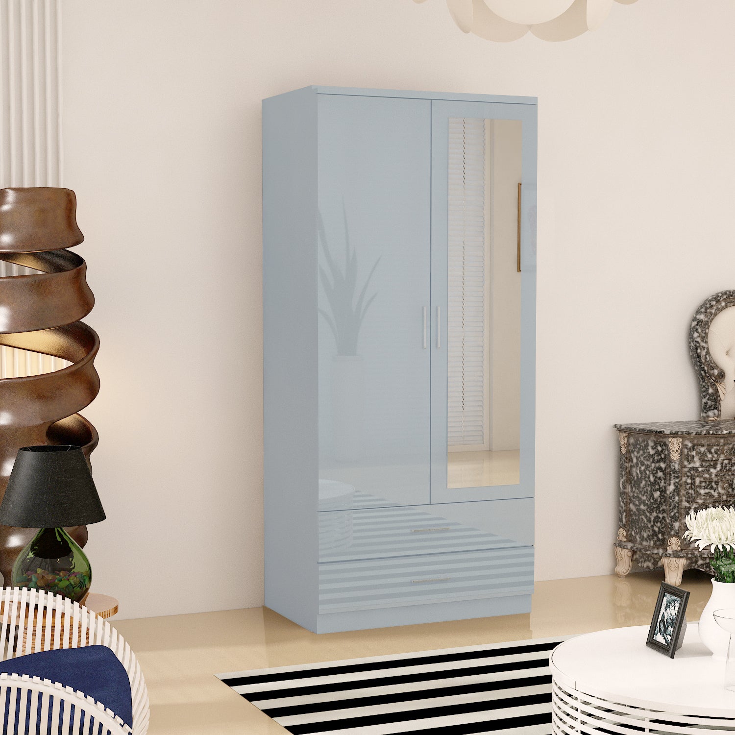 URBAN FURNISHING Modern 2-Door Wardrobe with Mirror & 2 Drawers