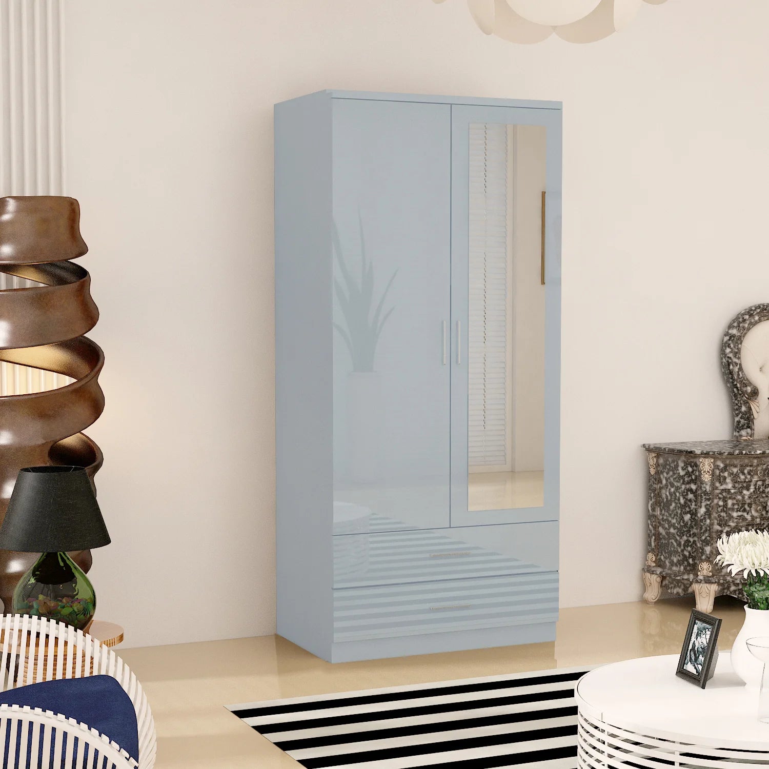 Mirror 2 Doors High Gloss Wardrobe