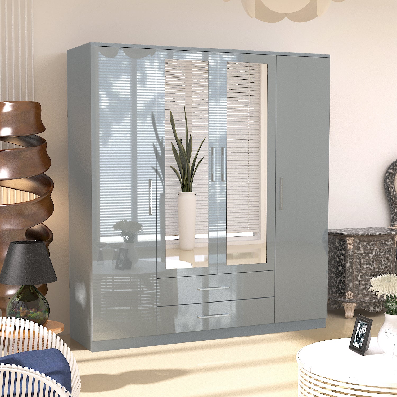 URBAN FURNISHING Modern 4-Door Wardrobe with Mirror &  2 Bottom Drawers 180CM