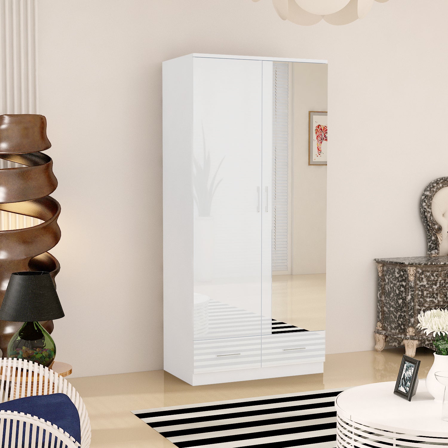 URBAN FURNISHING High Gloss 2 Door Wardrobe for Bedroom