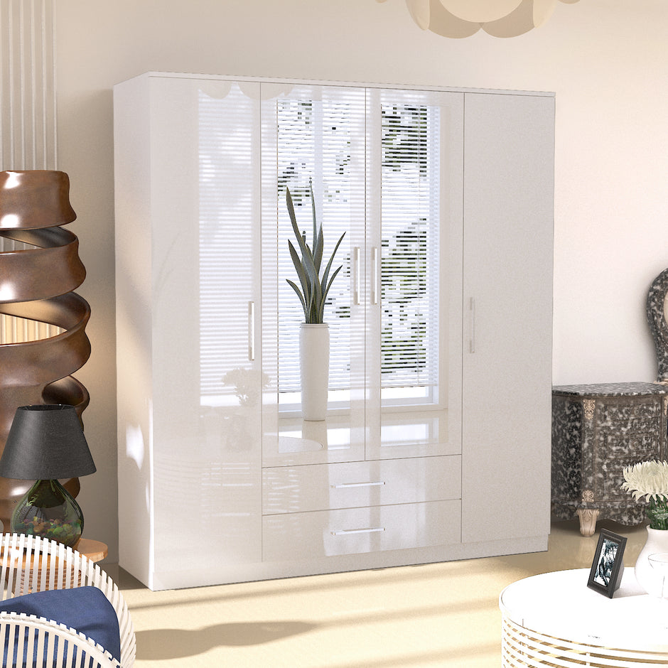 URBAN FURNISHING Modern 4-Door Wardrobe with Mirror &  2 Bottom Drawers 160CM