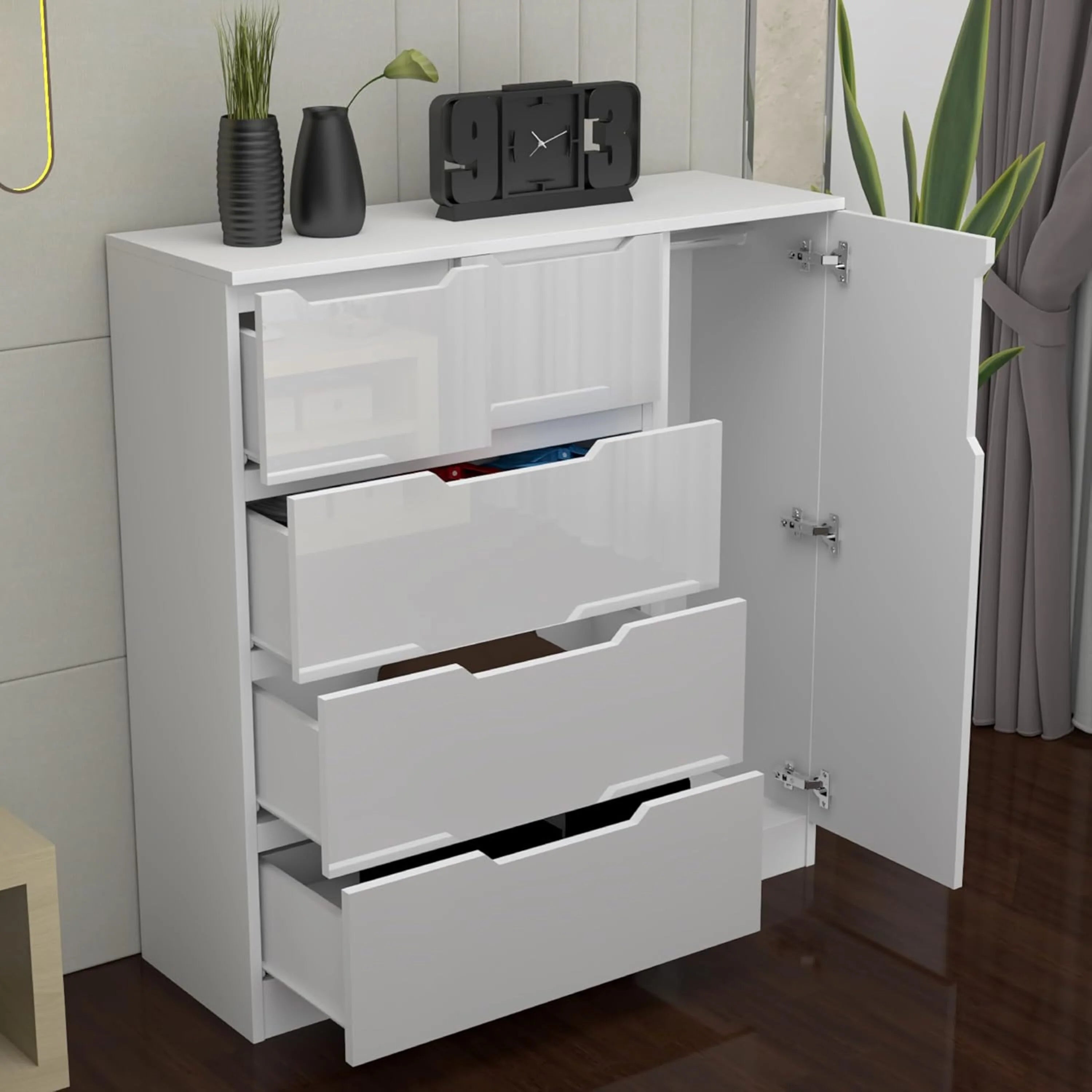 URBAN FURNISHING Modern High Gloss 5 Drawer Dresser with Side Hanging Cabinet