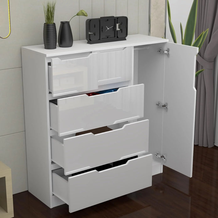 Modern High Gloss 5 Drawer Dresser with Side Hanging Cabinet
