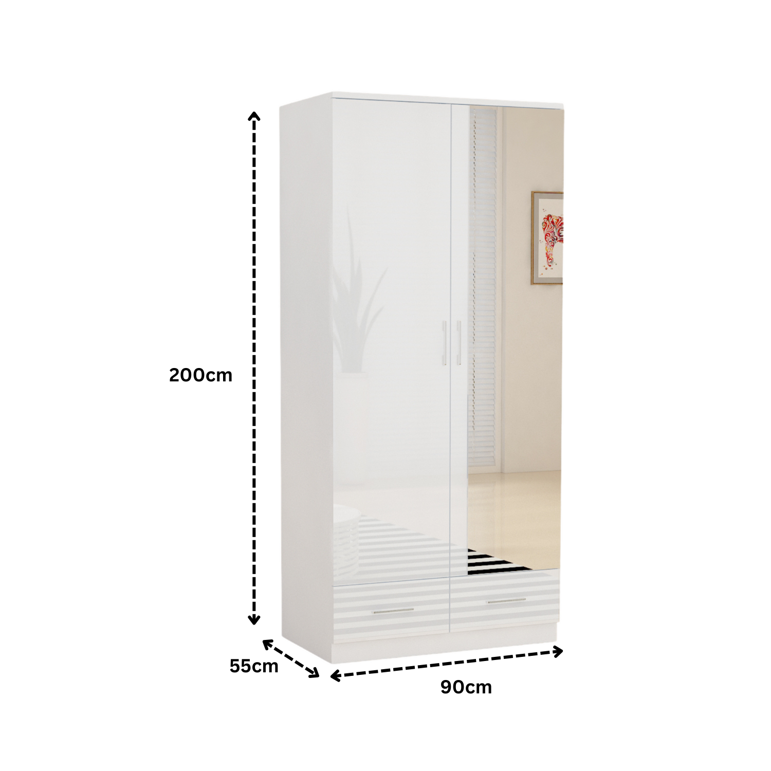 URBAN FURNISHING High Gloss 2 Door Wardrobe for Bedroom