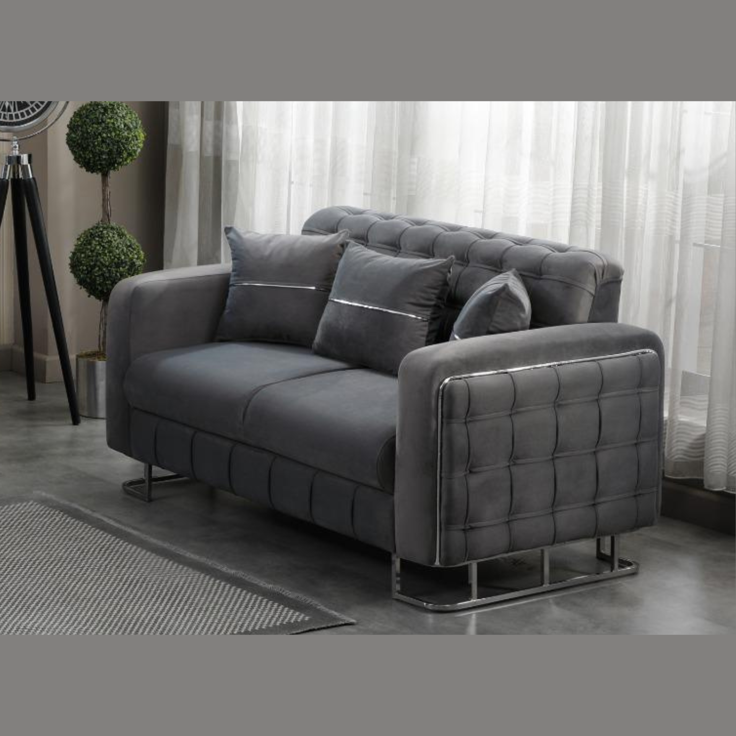 URBAN FURNISHING Modern Velvet Sofa Couch with Rollover Bed with Chrome Metal Legs & Chrome Finishing – Contemporary Sofa Bed For Living Room