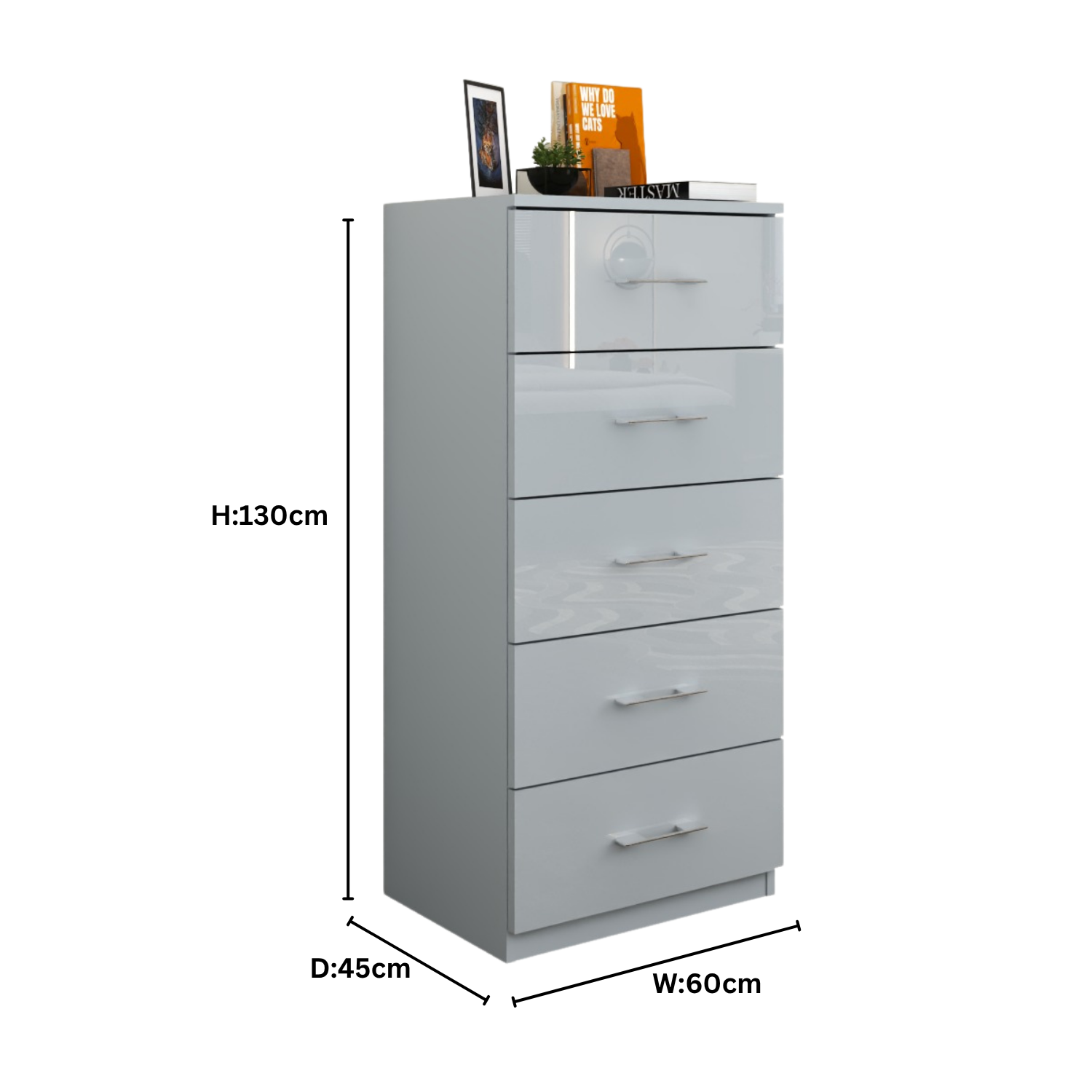 5 Tier High Gloss Chest of Drawers with Handles.