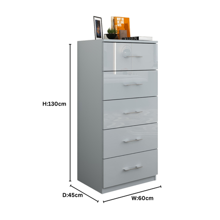 5 Tier High Gloss Chest of Drawers with Handles.