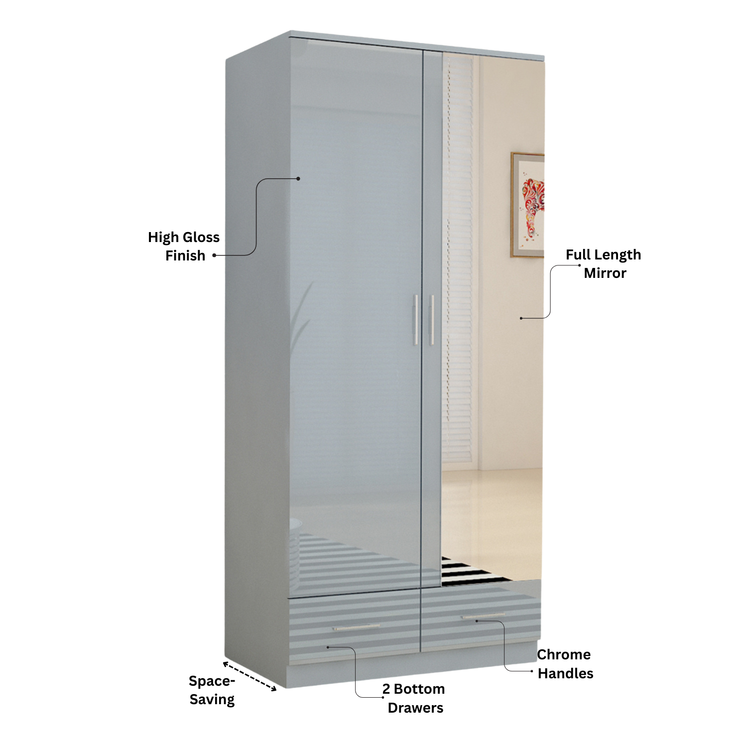 URBAN FURNISHING High Gloss 2 Door Wardrobe for Bedroom