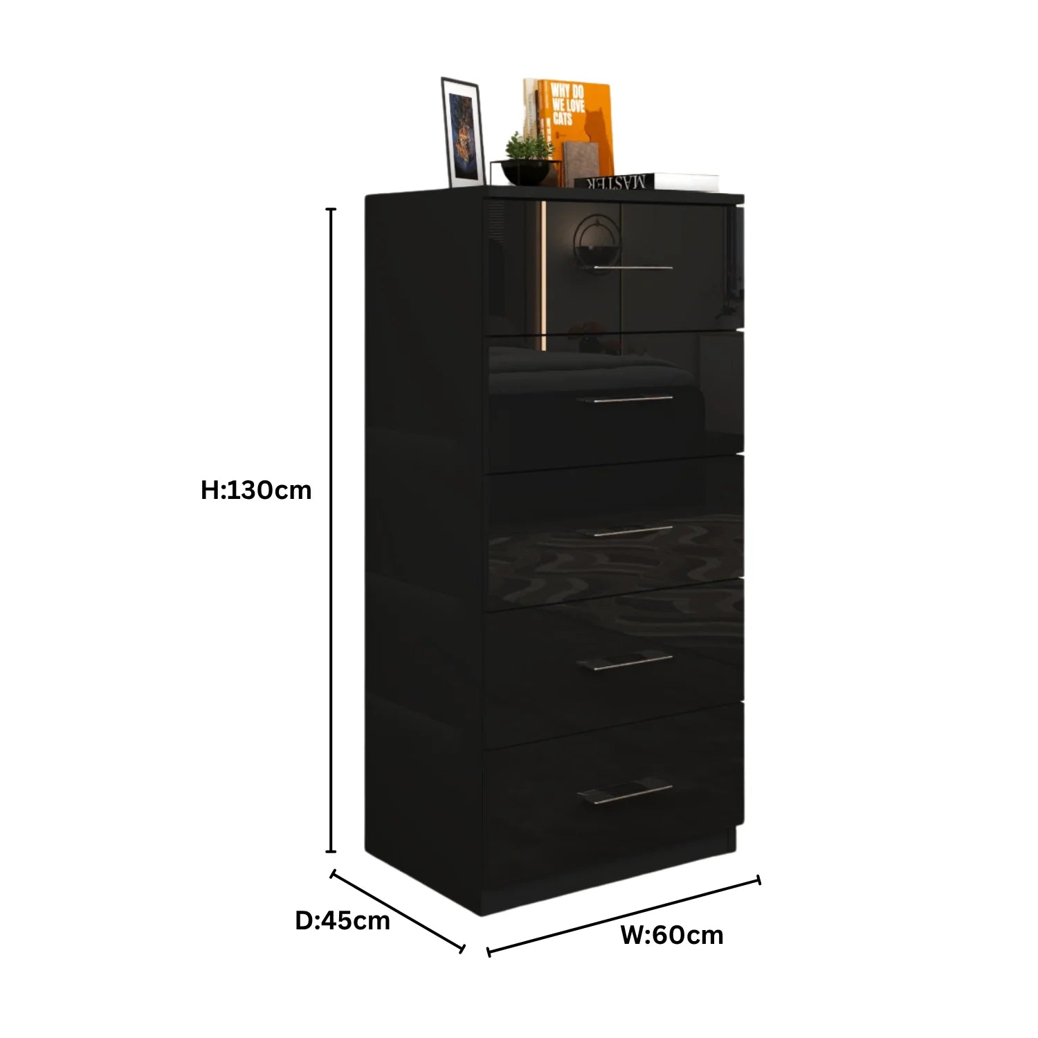 5 Tier High Gloss Chest of Drawers with Handles.