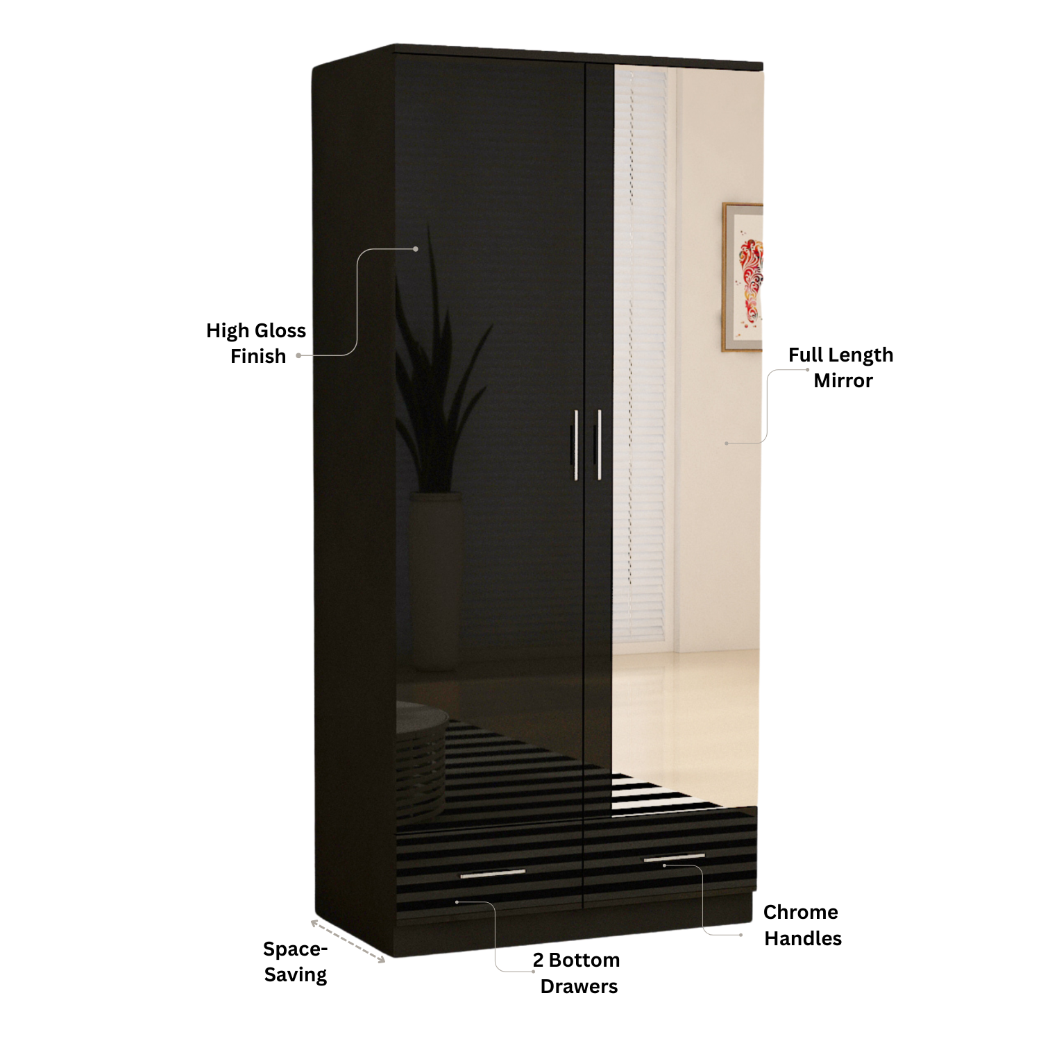 URBAN FURNISHING High Gloss 2 Door Wardrobe for Bedroom