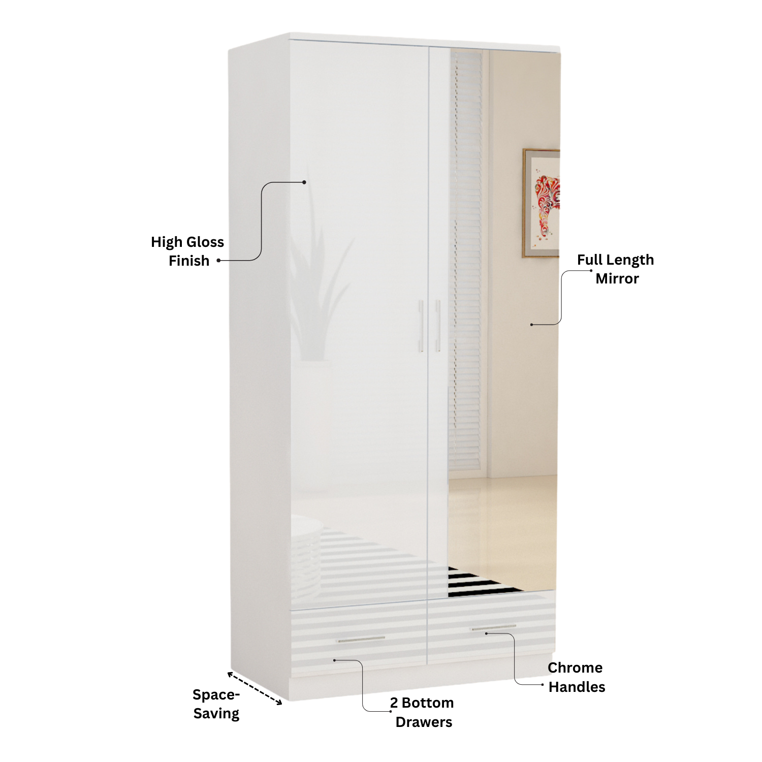 URBAN FURNISHING High Gloss 2 Door Wardrobe for Bedroom
